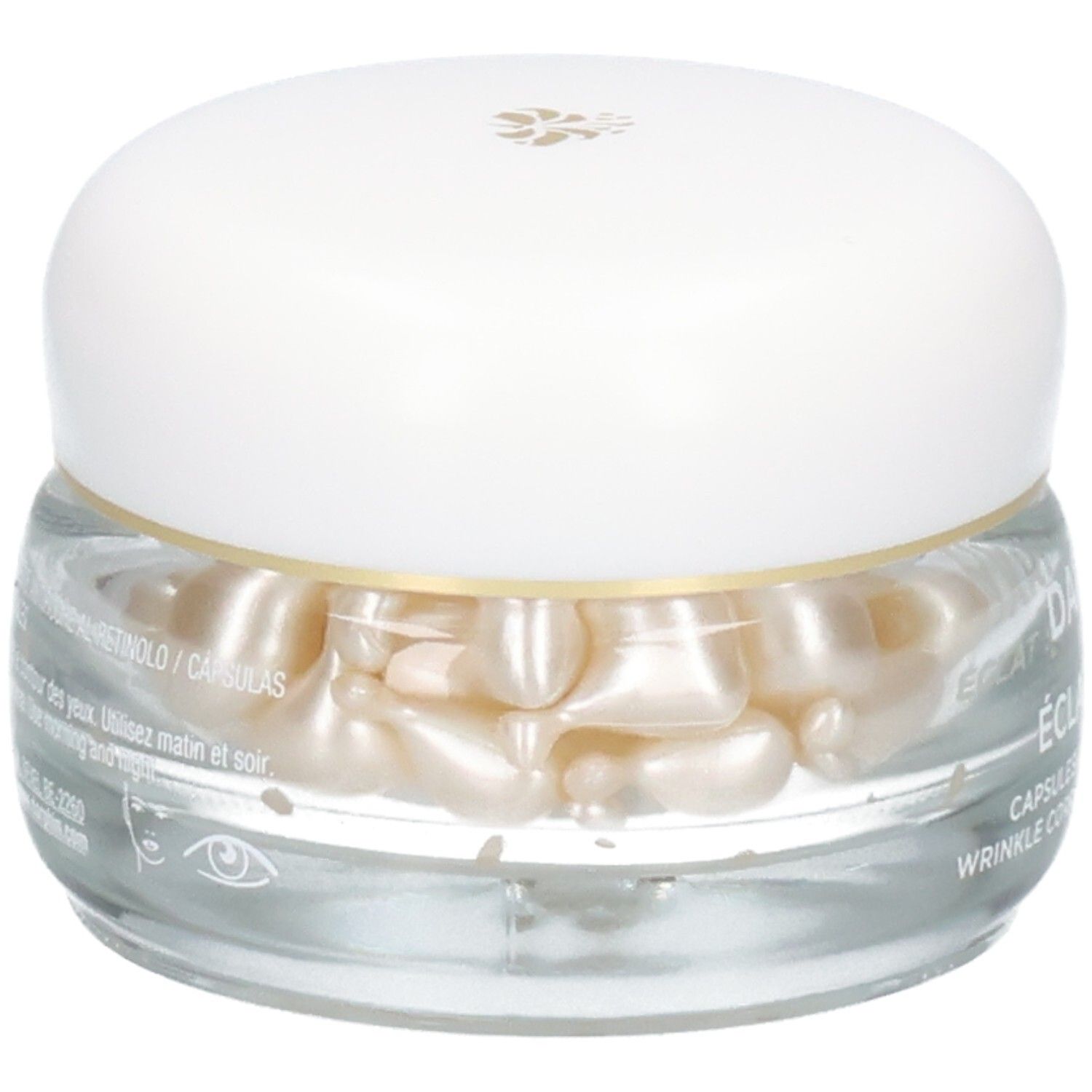 Glazen pot met Darphin Eclat Sublime retinol capsules, zijaanzicht.