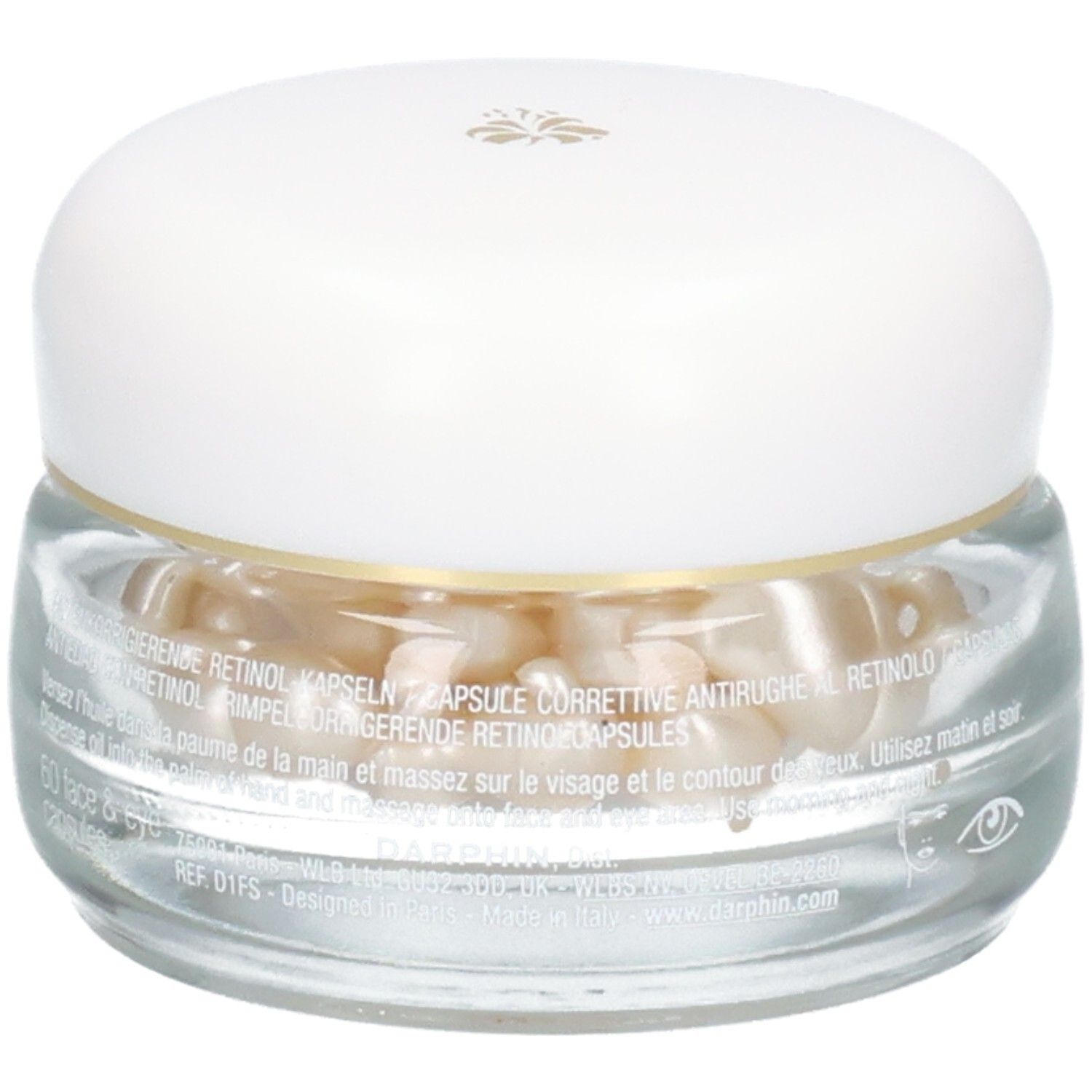 Glazen pot met Darphin Eclat Sublime retinol capsules, achterkant.