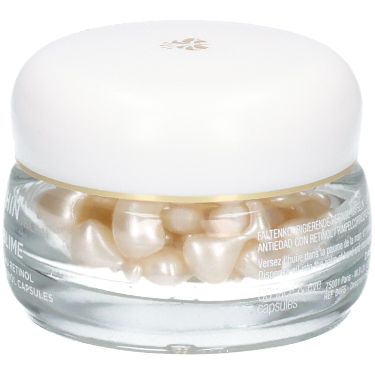 Glazen pot met Darphin Eclat Sublime retinol capsules, schuine weergave.