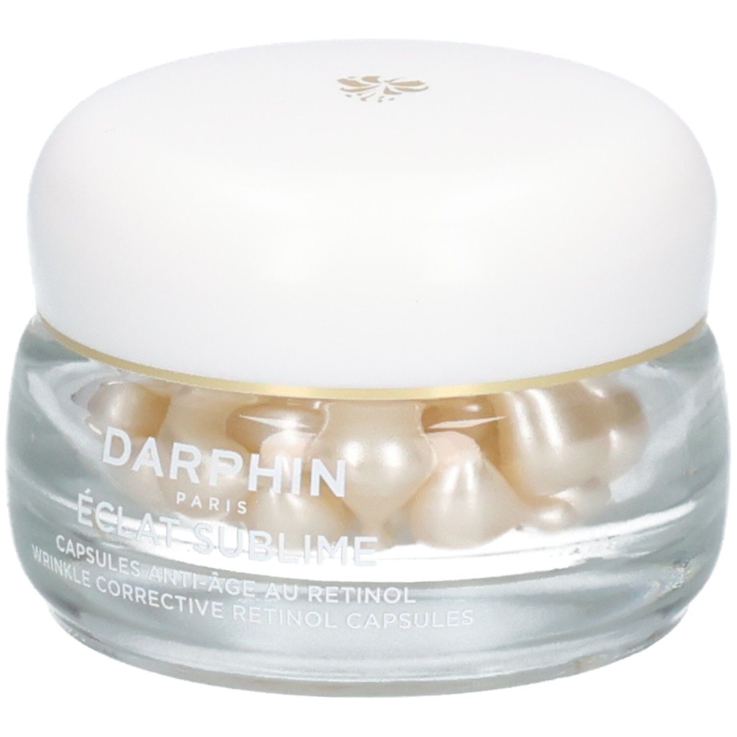 Glazen pot met Darphin Eclat Sublime retinol capsules, vooraanzicht.