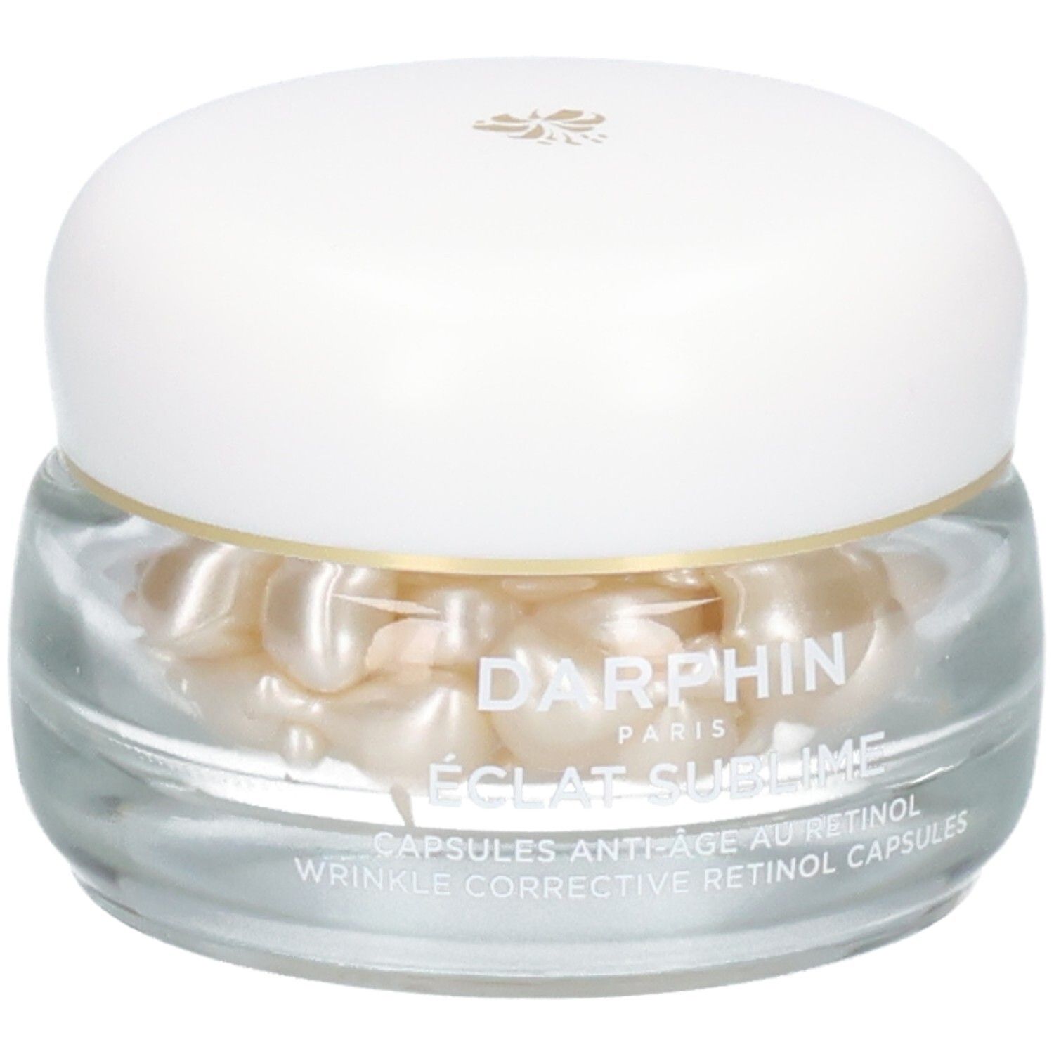 Glazen pot met Darphin Eclat Sublime retinol capsules, close-up.