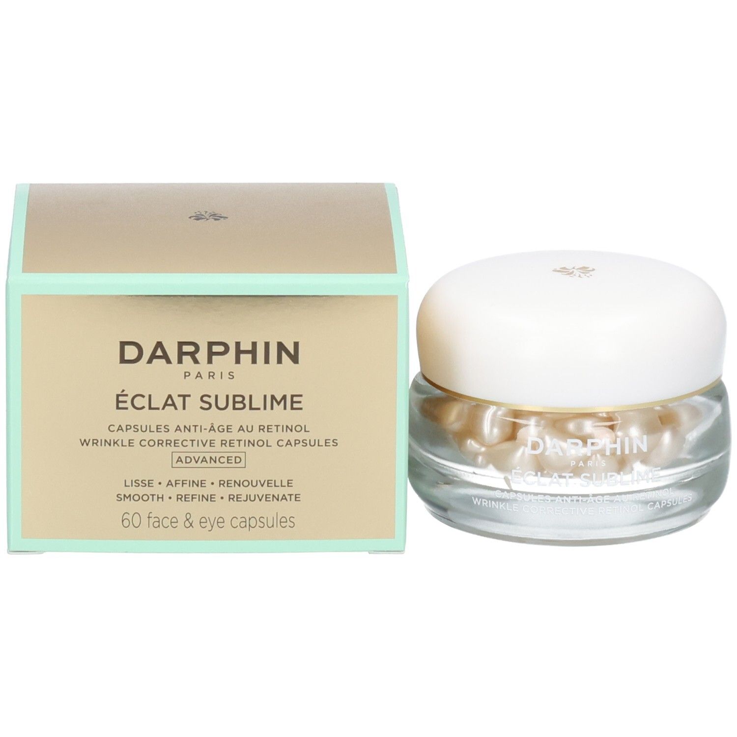 Darphin Eclat Sublime retinol capsules in pot naast de verpakking.