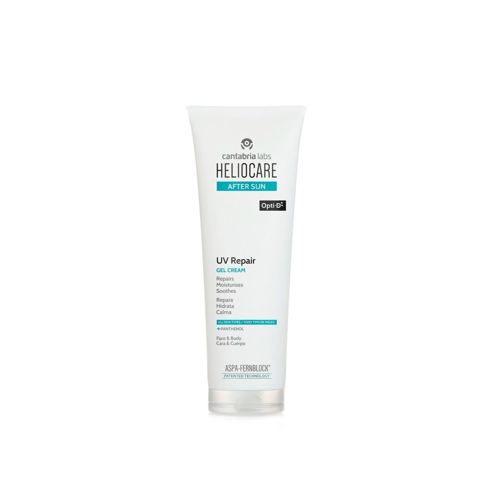 Heliocare UV Repair Gel-Crème tube met Opti-B opschrift en informatie over herstel, hydratatie en kalmering.