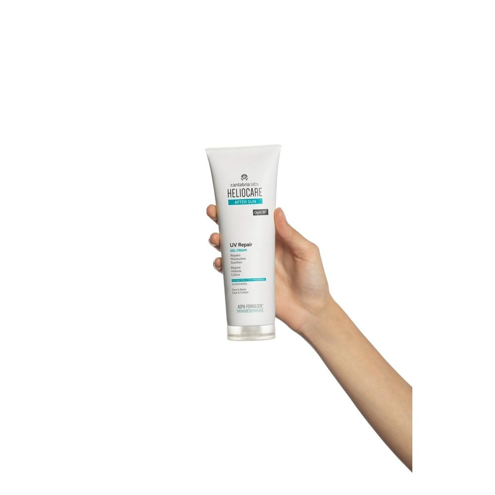 Heliocare UV Repair Gel-Crème tube met Opti-B opschrift en informatie over herstel, hydratatie en kalmering.