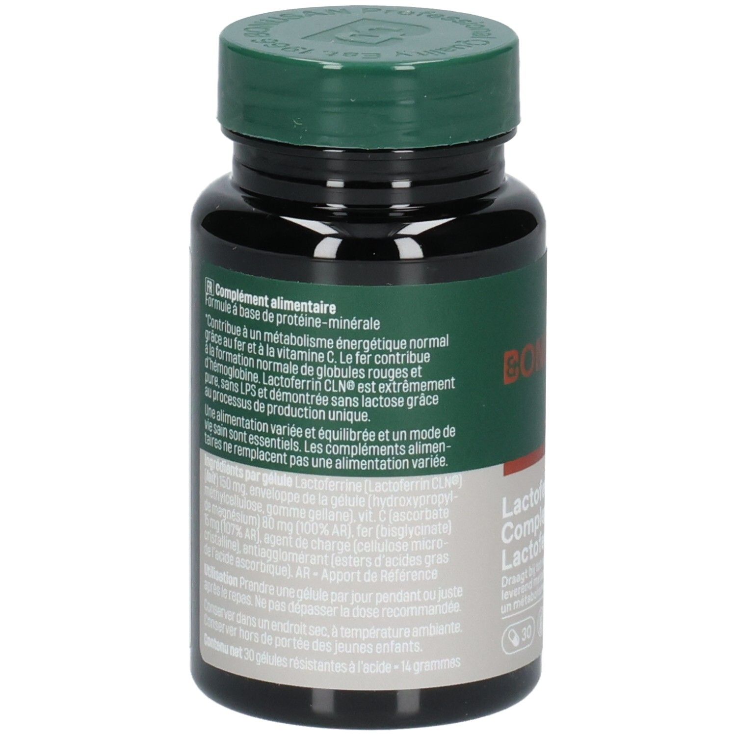 Arrière de la bouteille Bonusan Lactoferrine IJzer Complex avec informations produit.