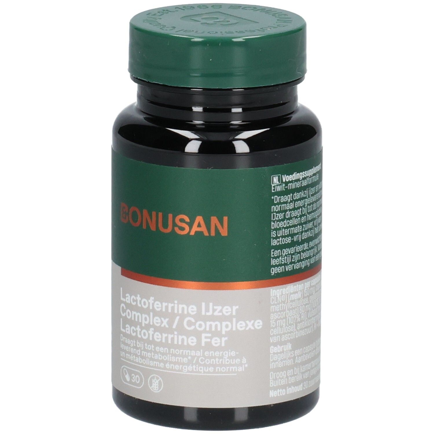 Avant de la bouteille Bonusan Lactoferrine IJzer Complex avec nom du produit.
