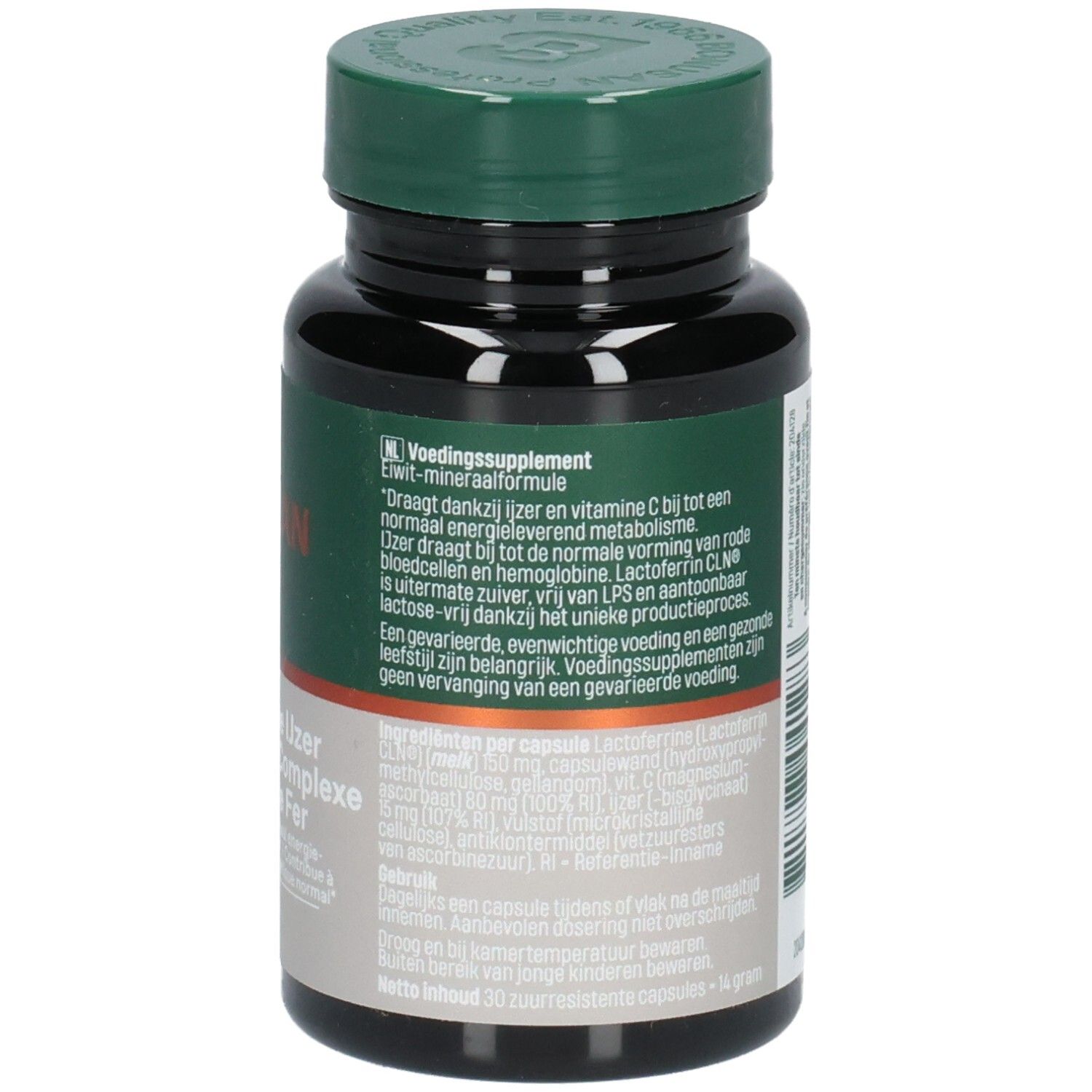 Arrière de la bouteille Bonusan Lactoferrine IJzer Complex avec informations nutritionnelles.