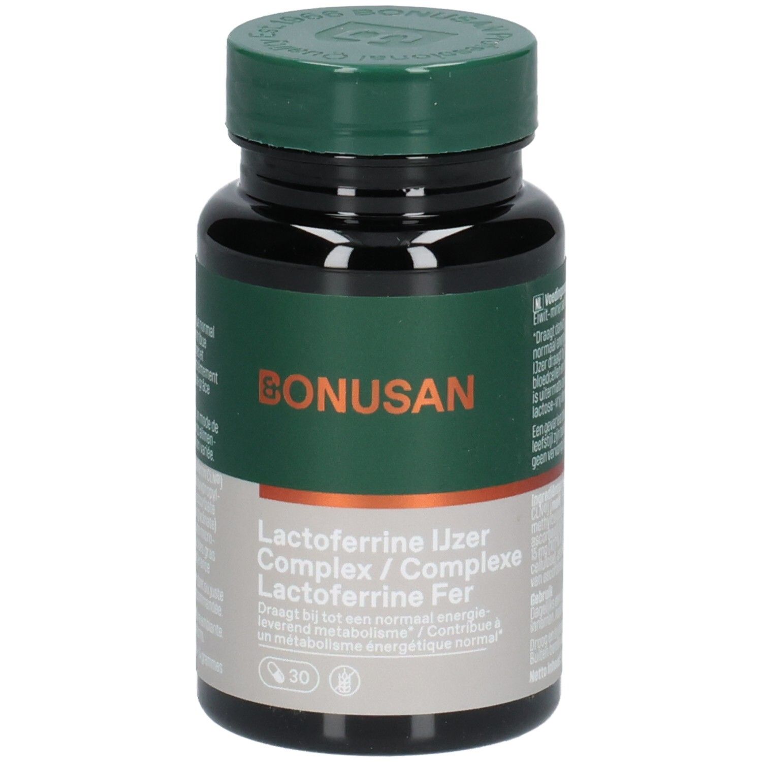 Bouteille Bonusan Lactoferrine IJzer Complex, avant avec logo et nom du produit.