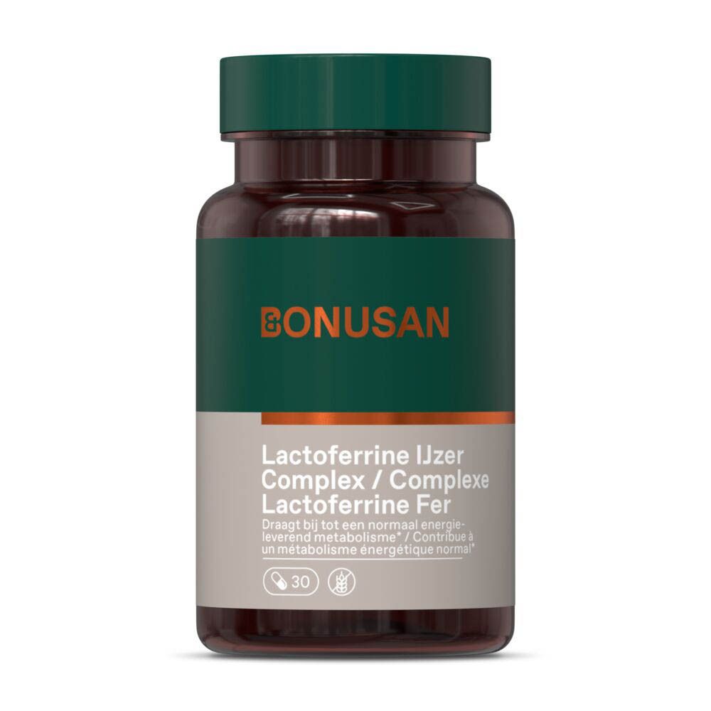 Bonusan Lactoferrine IJzer Complex fles, voorkant met Nederlandse tekst.