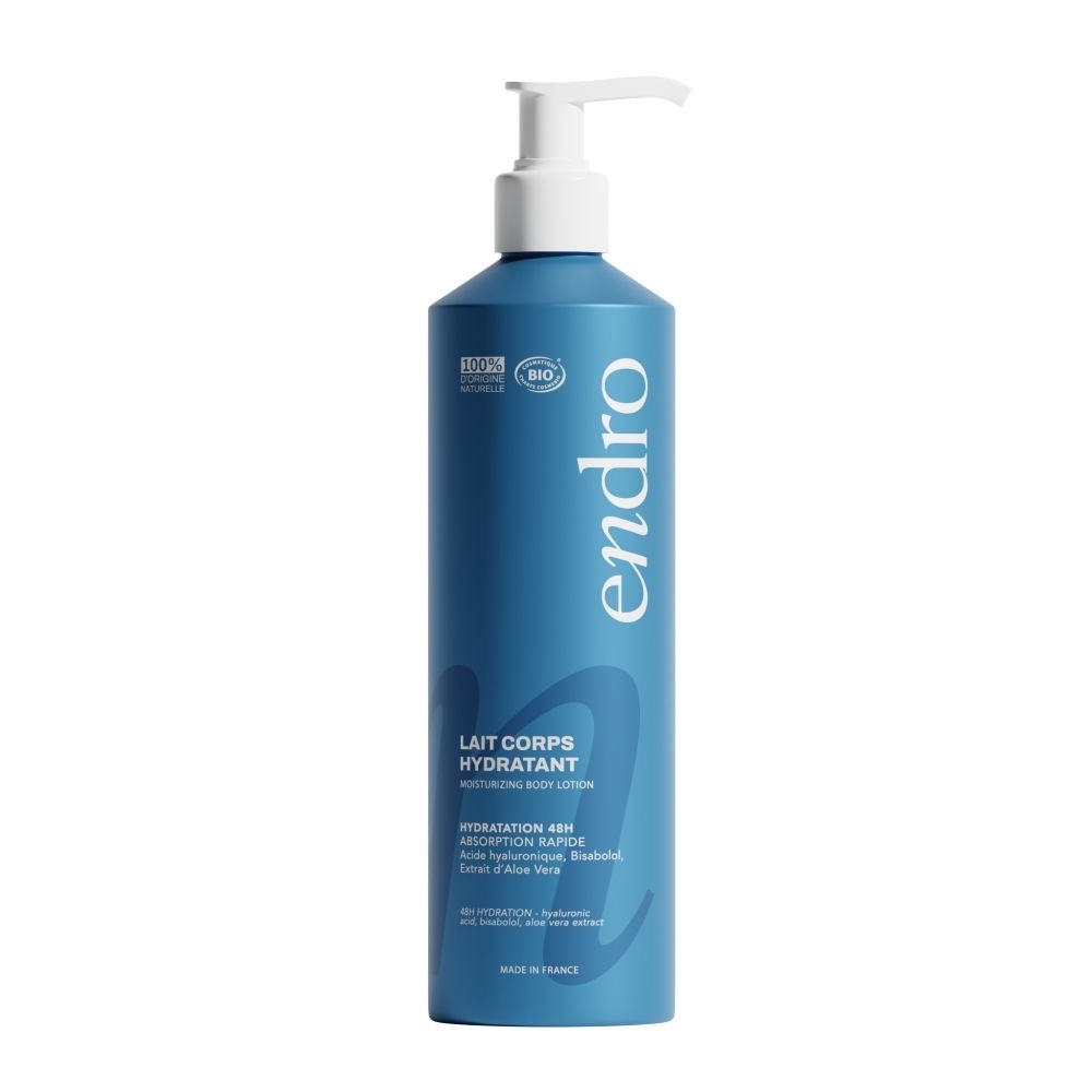 Flacon bleu avec pompe, Lait corps hydratant Endro.