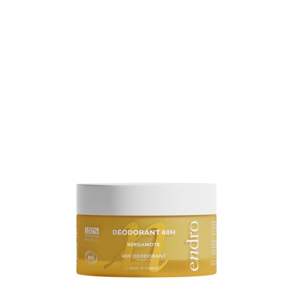 Endro Deodorant Baume 48H Bergamote in gele pot met witte deksel. 100% natuurlijke oorsprong.