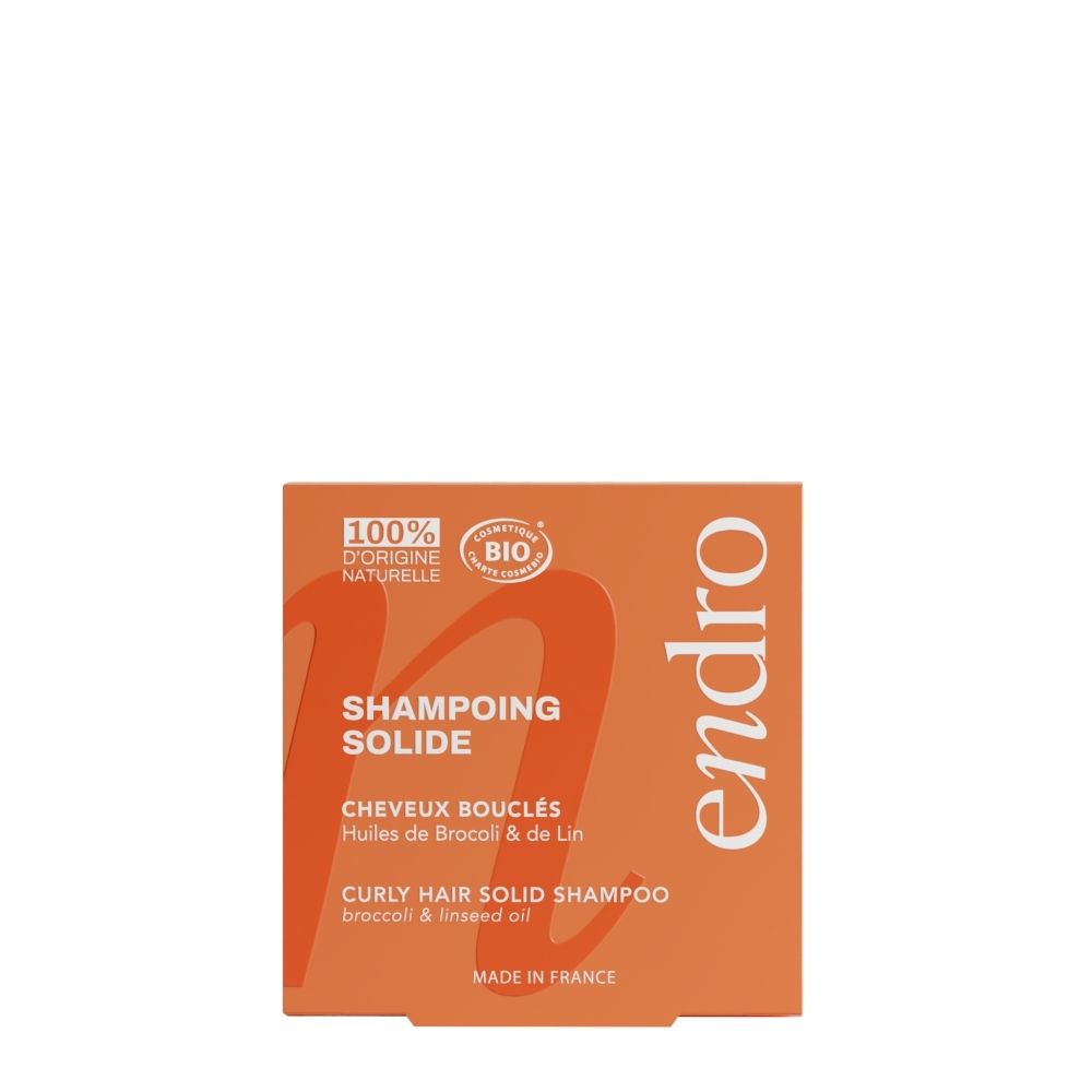 Endro vaste shampoo voor krullend haar, voorkant met productnaam en Bio-keurmerk. Gemaakt in Frankrijk.
