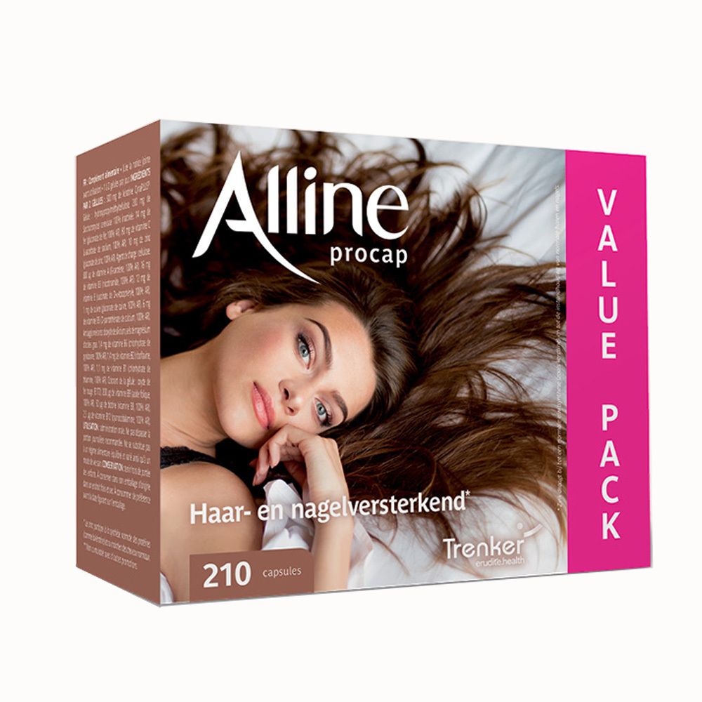 Alline Procap: "Haar- en nagelversterkend". Verpakking met 210 capsules.