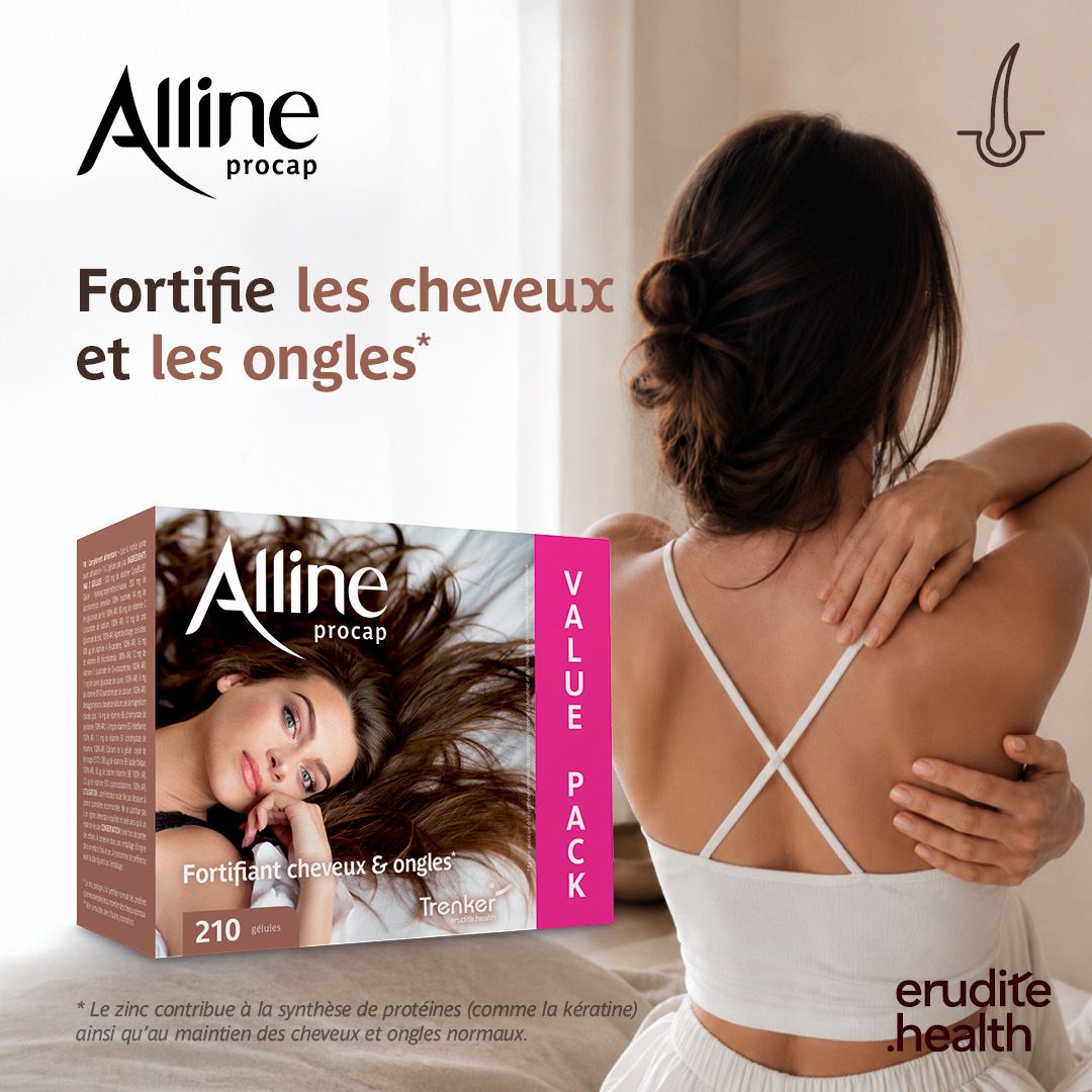 Alline Procap : "Fortifiant cheveux & ongles". Boîte de 210 gélules, vue détaillée.