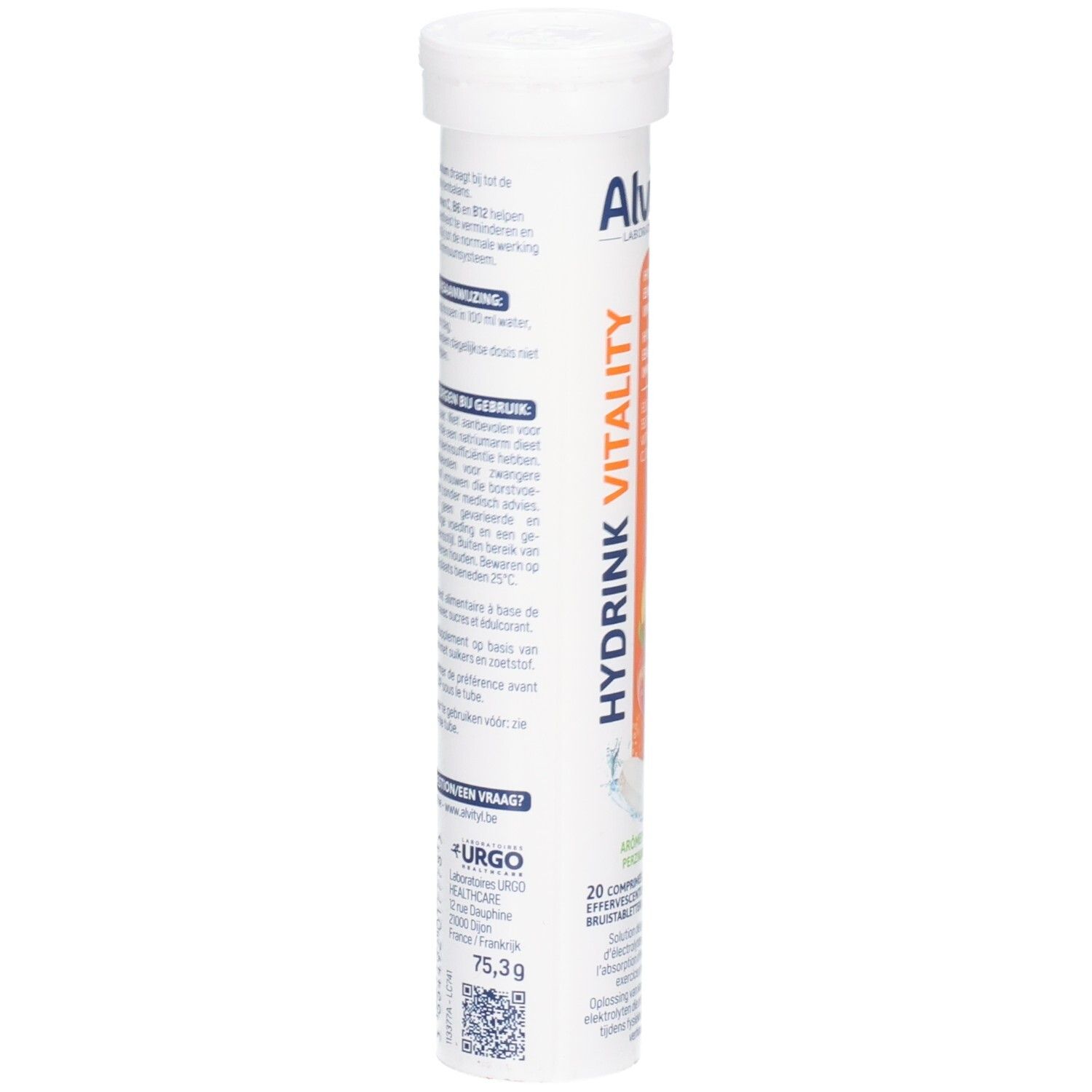 Dos du tube d'Alvityl Hydrink Vitality, comprimés effervescents, avec instructions d'utilisation.