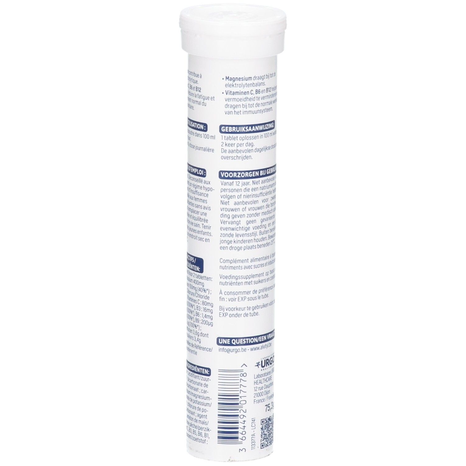 Vue latérale du tube d'Alvityl Hydrink Vitality, comprimés effervescents, avec informations nutritionnelles.