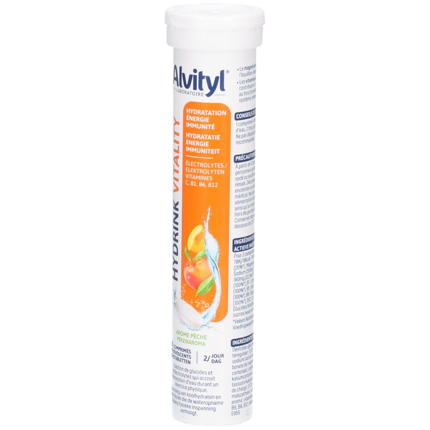 Face avant du tube d'Alvityl Hydrink Vitality, comprimés effervescents, avec illustration de fruits.