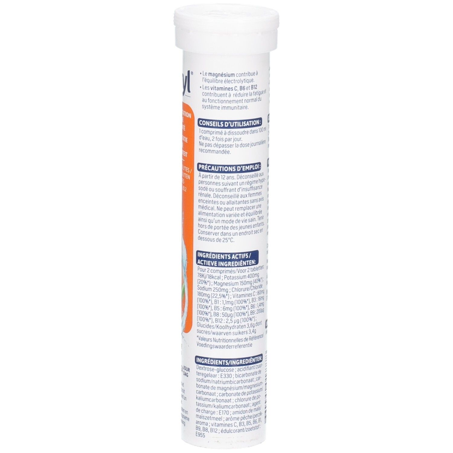 Vue latérale du tube d'Alvityl Hydrink Vitality, comprimés effervescents, avec liste des ingrédients.