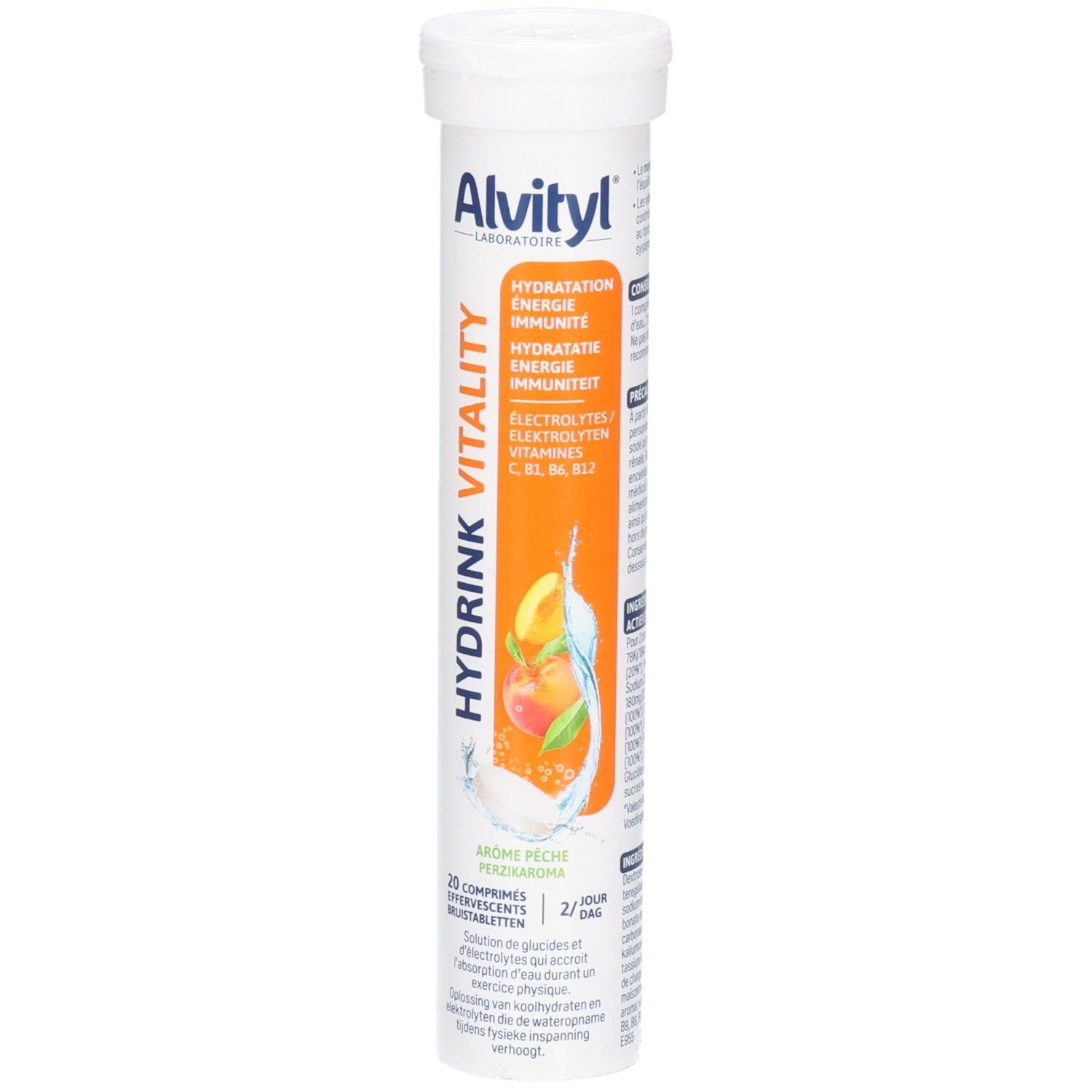 Alvityl Hydrink Vitality, comprimés effervescents pêche-fruit de la passion. Tube de 20 comprimés.