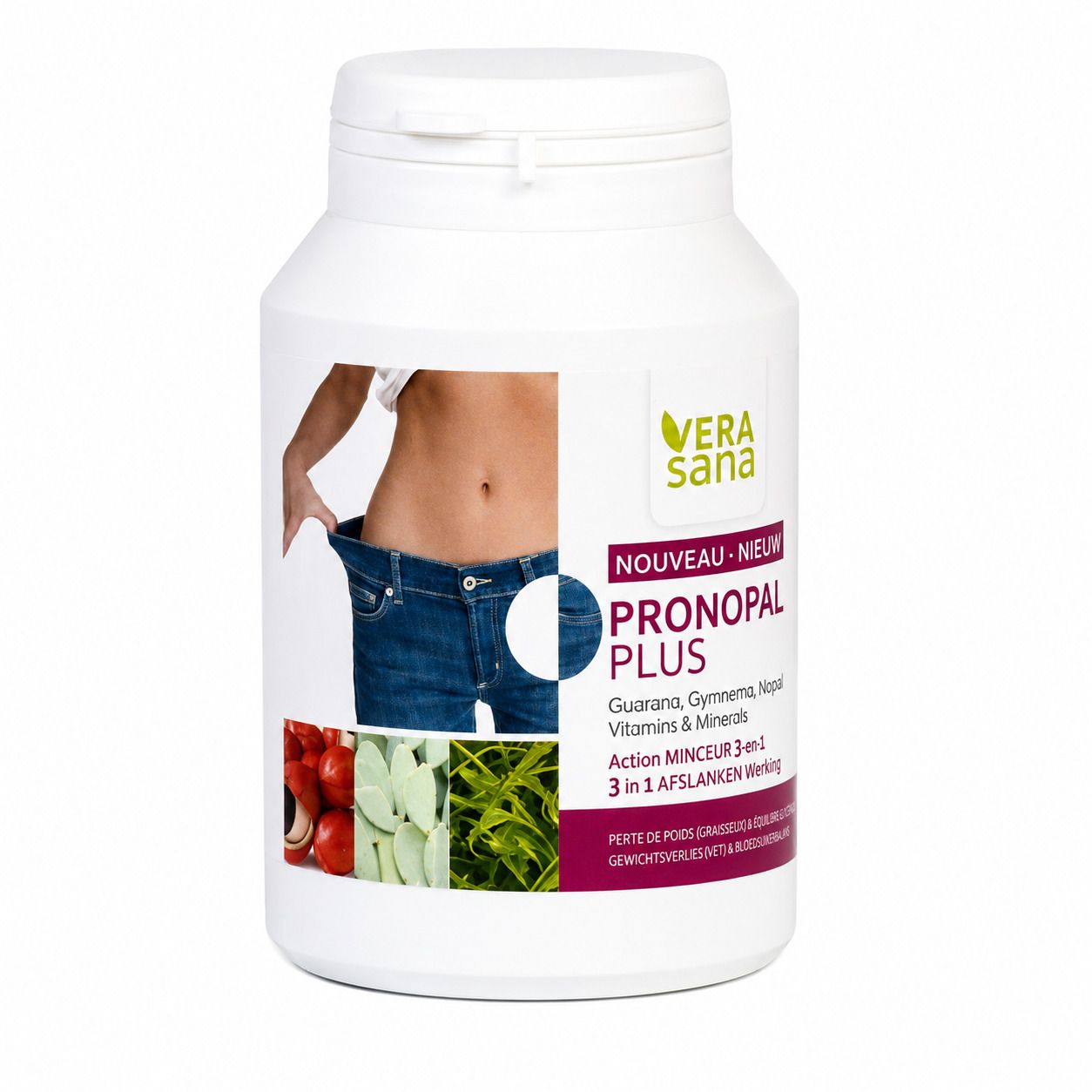 Witte fles met deksel. Etiket met productnaam PRONOPAL PLUS, merk Vera Sana. Illustratie van persoon in te wijde broek.