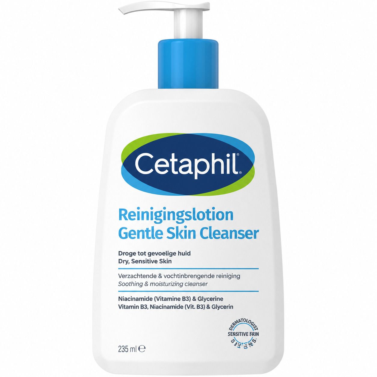 Witte fles met pompdos, Cetaphil Gentle Skin Cleanser voor droge, gevoelige huid.