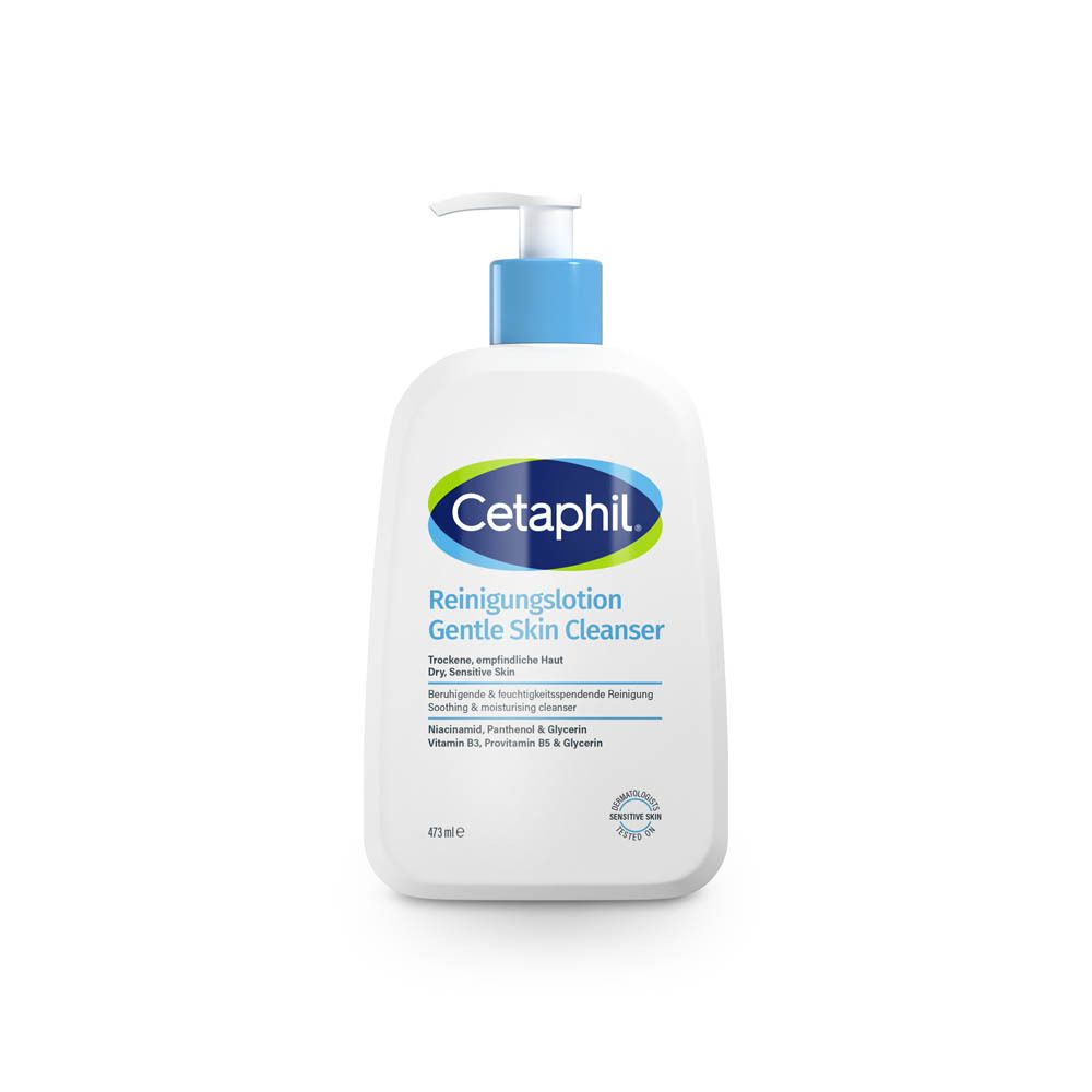 Lotion nettoyante Cetaphil avec pompe, pour peau sèche et sensible.