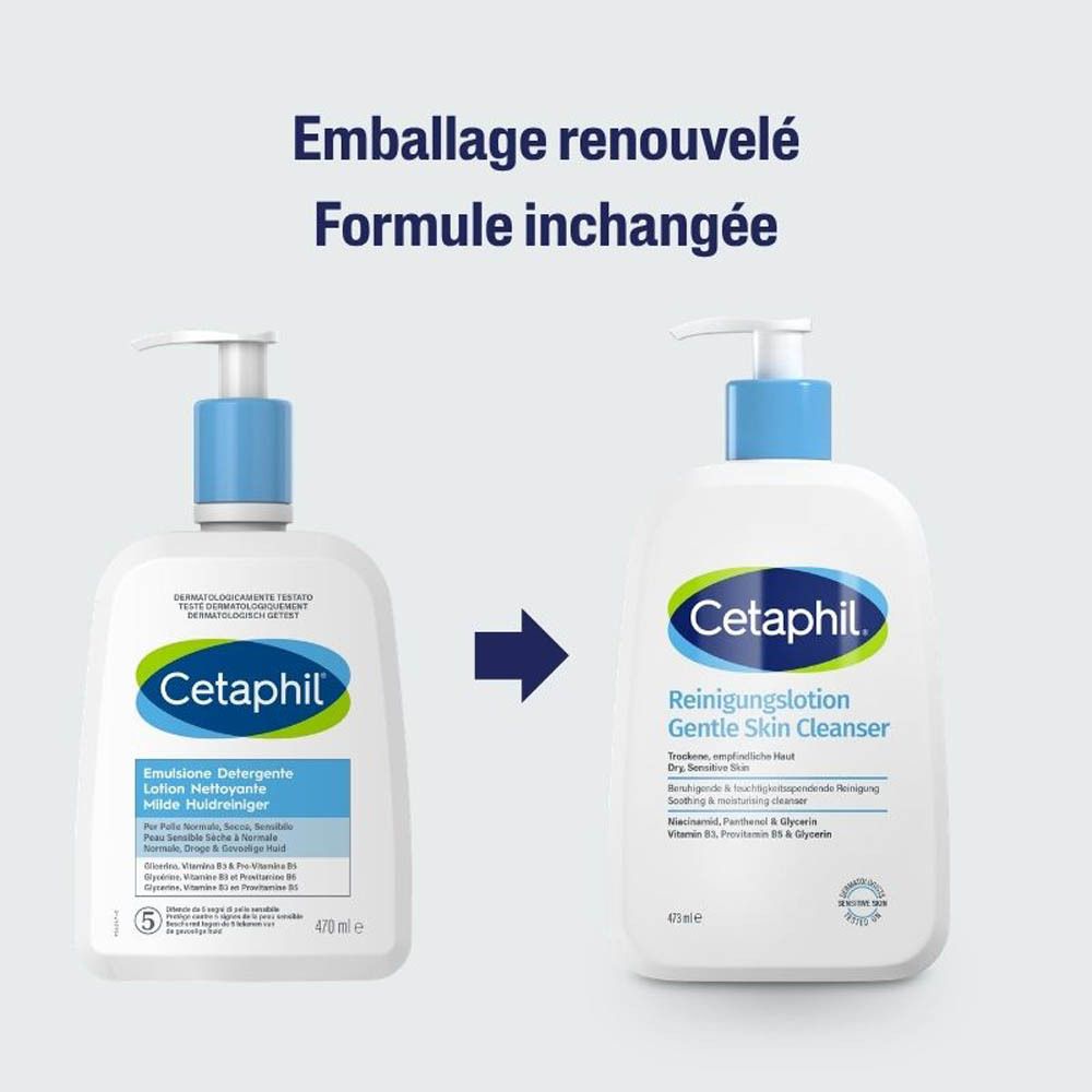 Comparaison de Nettoyant doux pour la Peau Cetaphil, emballage neuf et ancien.