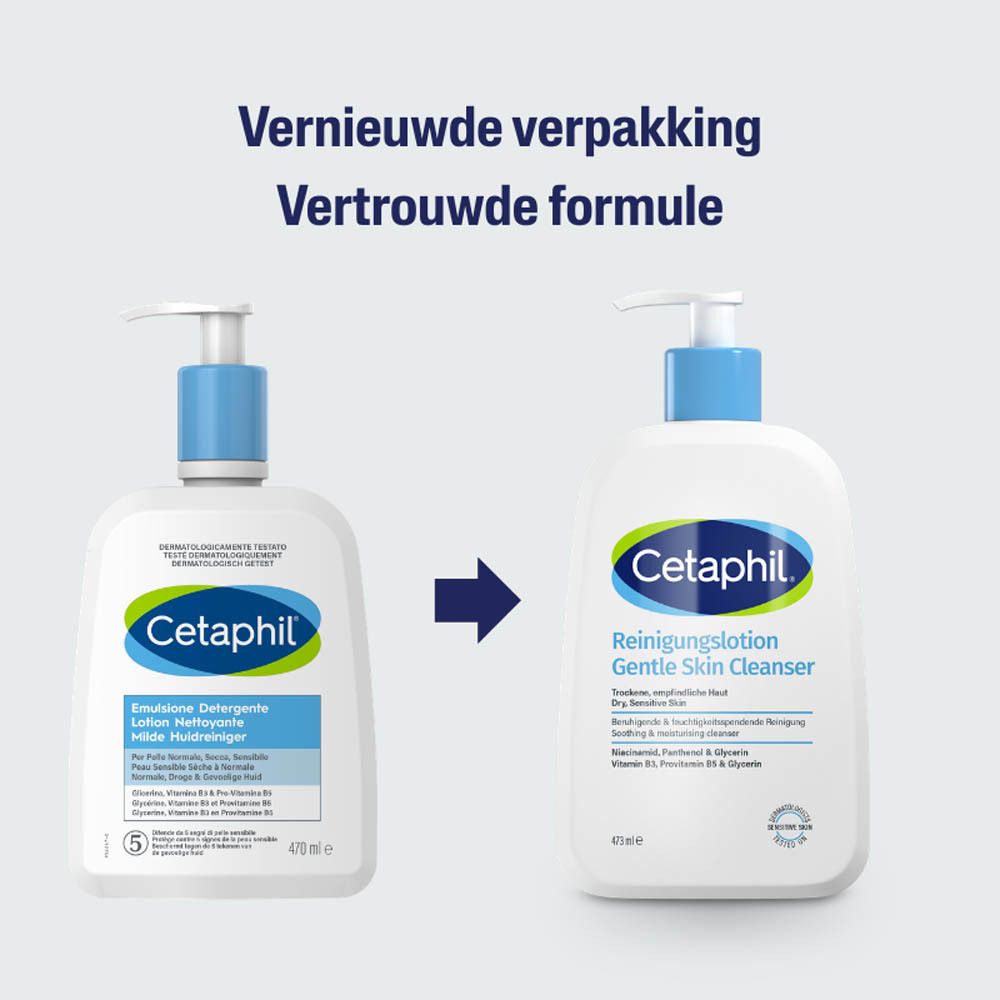 Vergelijking oude en nieuwe Cetaphil verpakking, beide met pomp.