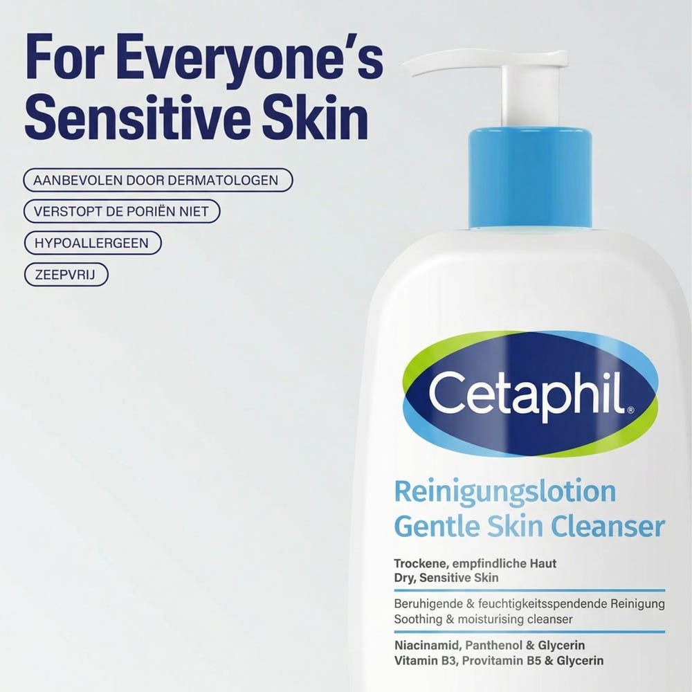 Cetaphil reinigingslotion voor gevoelige huid, aanbevolen door dermatologen.