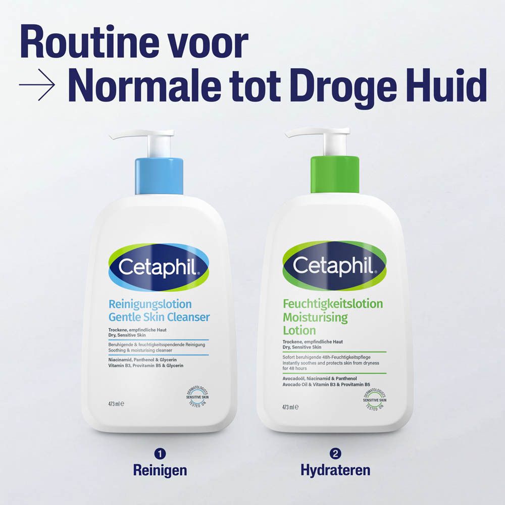 Cetaphil reinigingslotion en vochtinbrengende lotion voor normale tot droge huid.