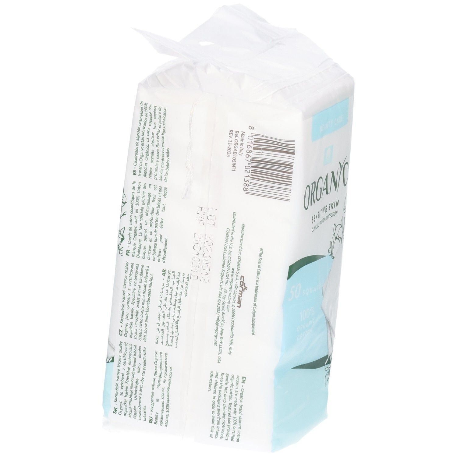 Achterkant van de Organyc Beauty Squares verpakking met productinformatie en barcode.