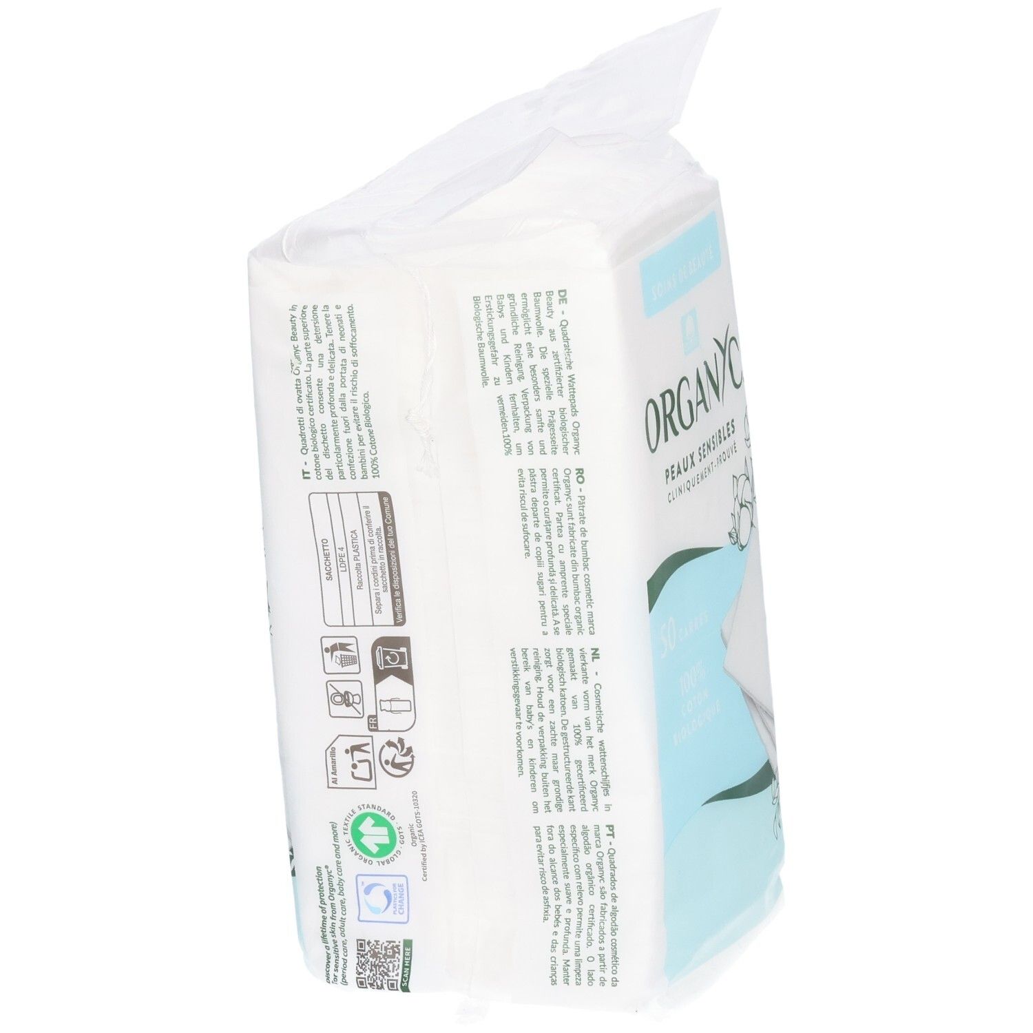Achterkant van de Organyc Beauty Squares verpakking met productinformatie en keurmerken.