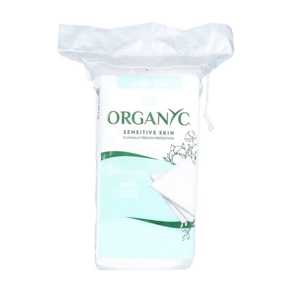 Achterkant van de Organyc Beauty Squares verpakking met productinformatie en barcode.