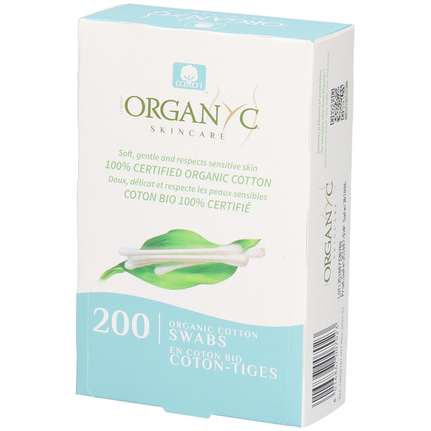 Organyc biologische wattenstaafjes, 200 stuks. Zacht, mild en huidvriendelijk.