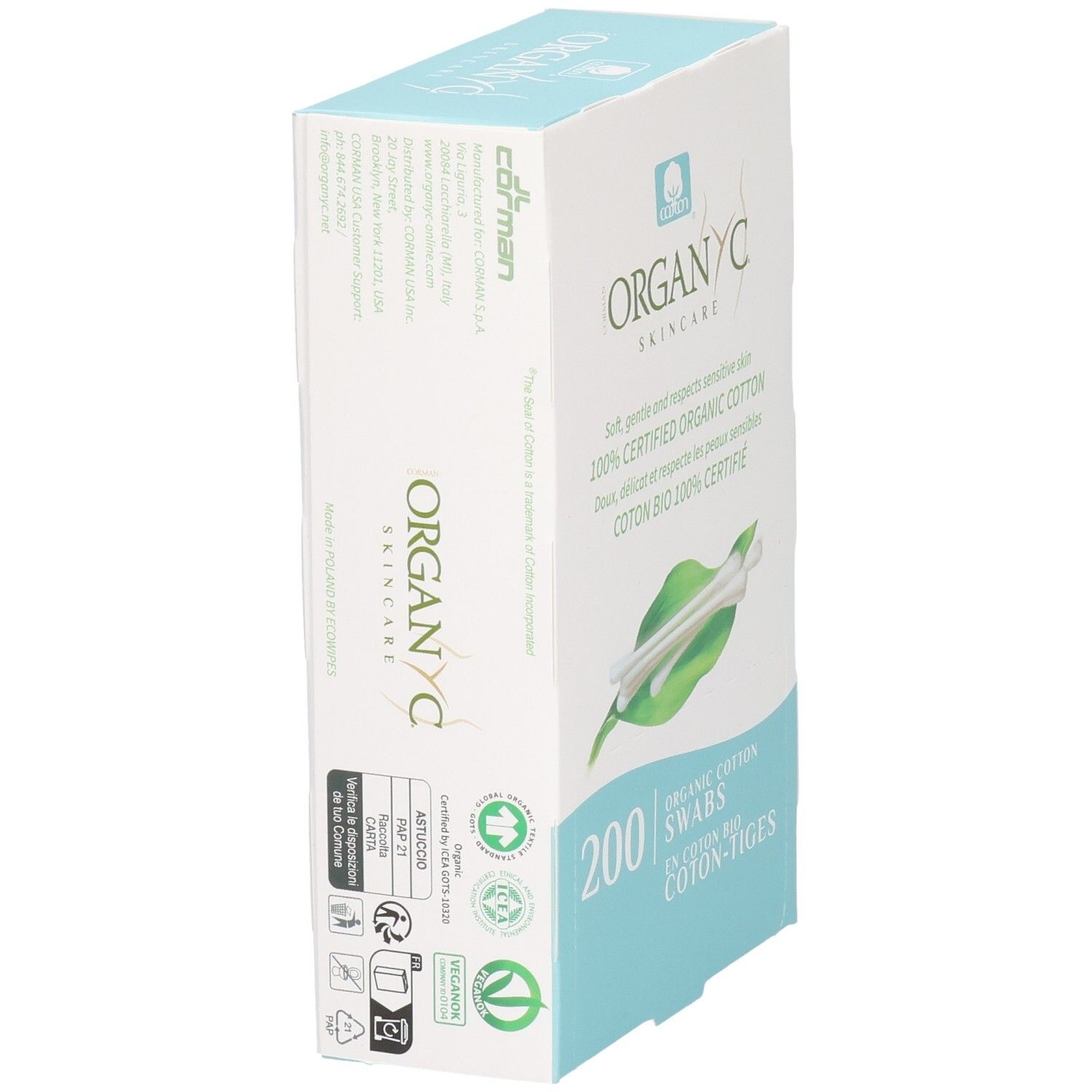 Organyc biologische wattenstaafjes, 200 stuks. Gecertificeerd biologisch katoen. Milieuvriendelijke verpakking.