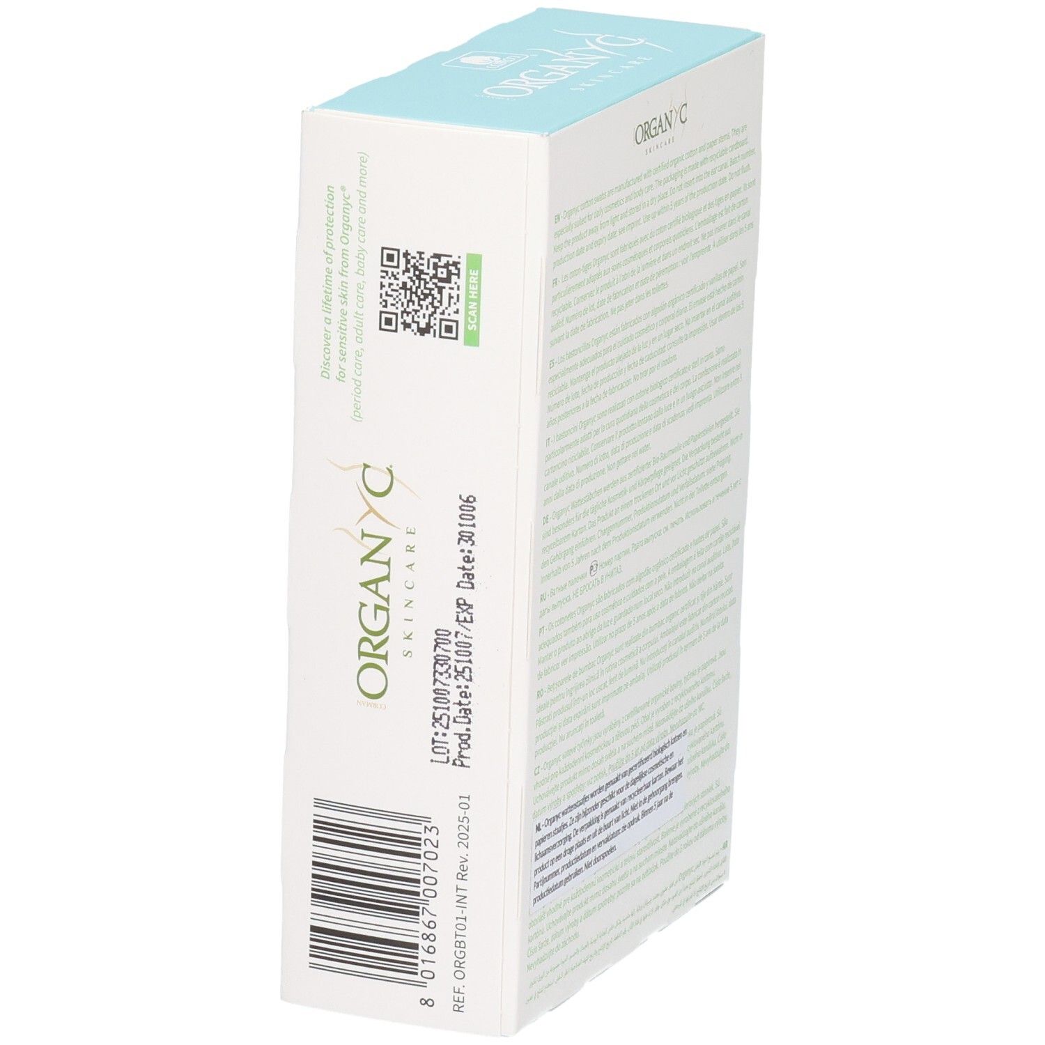 Zijkant van de verpakking van Organyc biologische wattenstaafjes met QR-code en productinformatie.