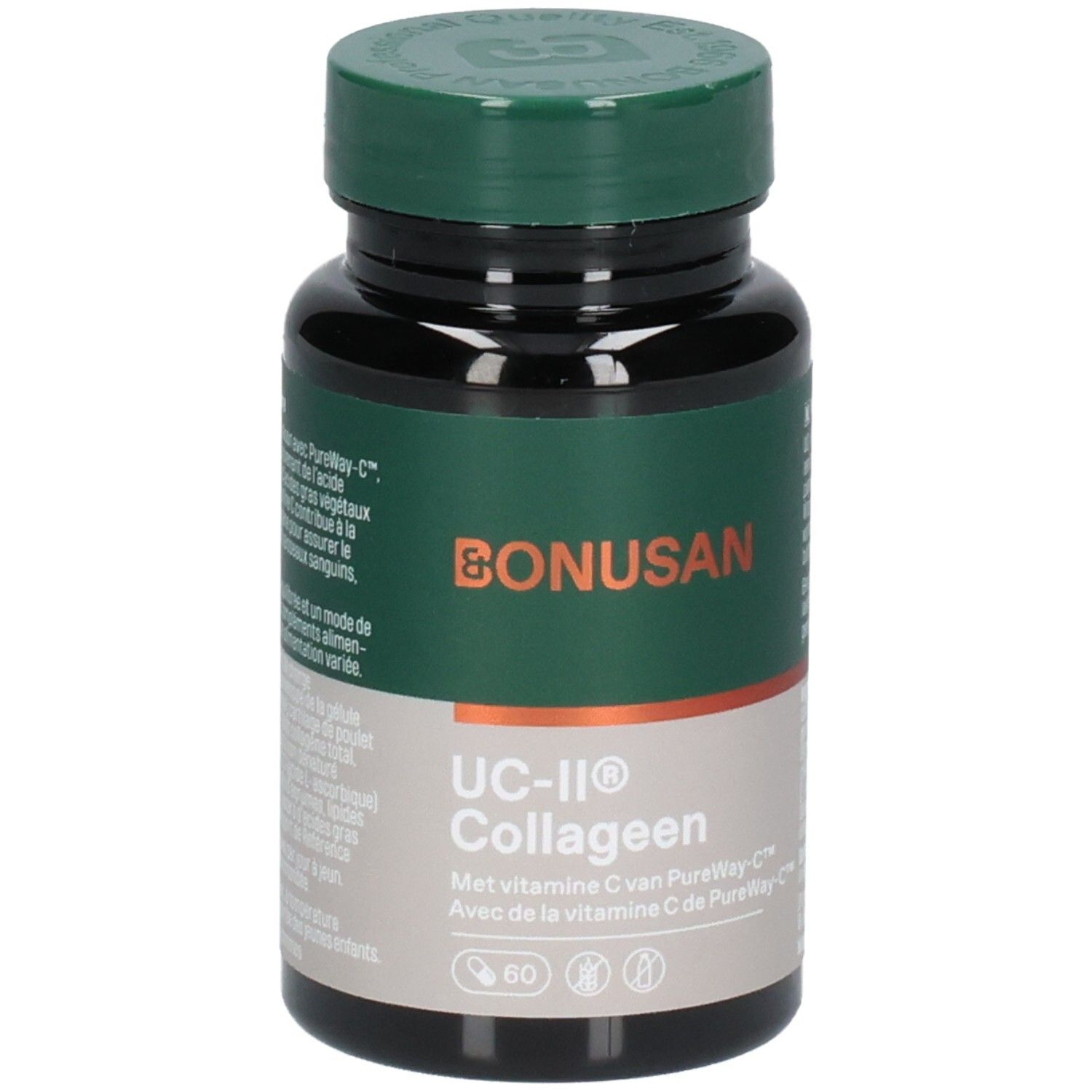 Complément Bonusan UC-II Collagène en pot vert foncé avec étiquetage orange et gris.