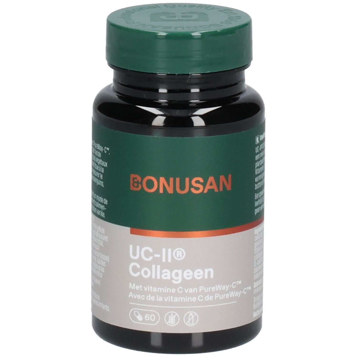 Complément Bonusan UC-II Collagène en pot vert foncé avec étiquetage orange et gris.