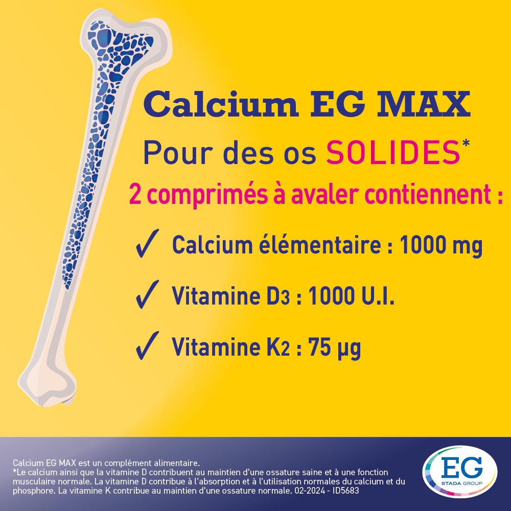 Vue détaillée de la boîte Calcium EG MAX, axée sur les ingrédients : Calcium, Vitamines D3 et K2.
