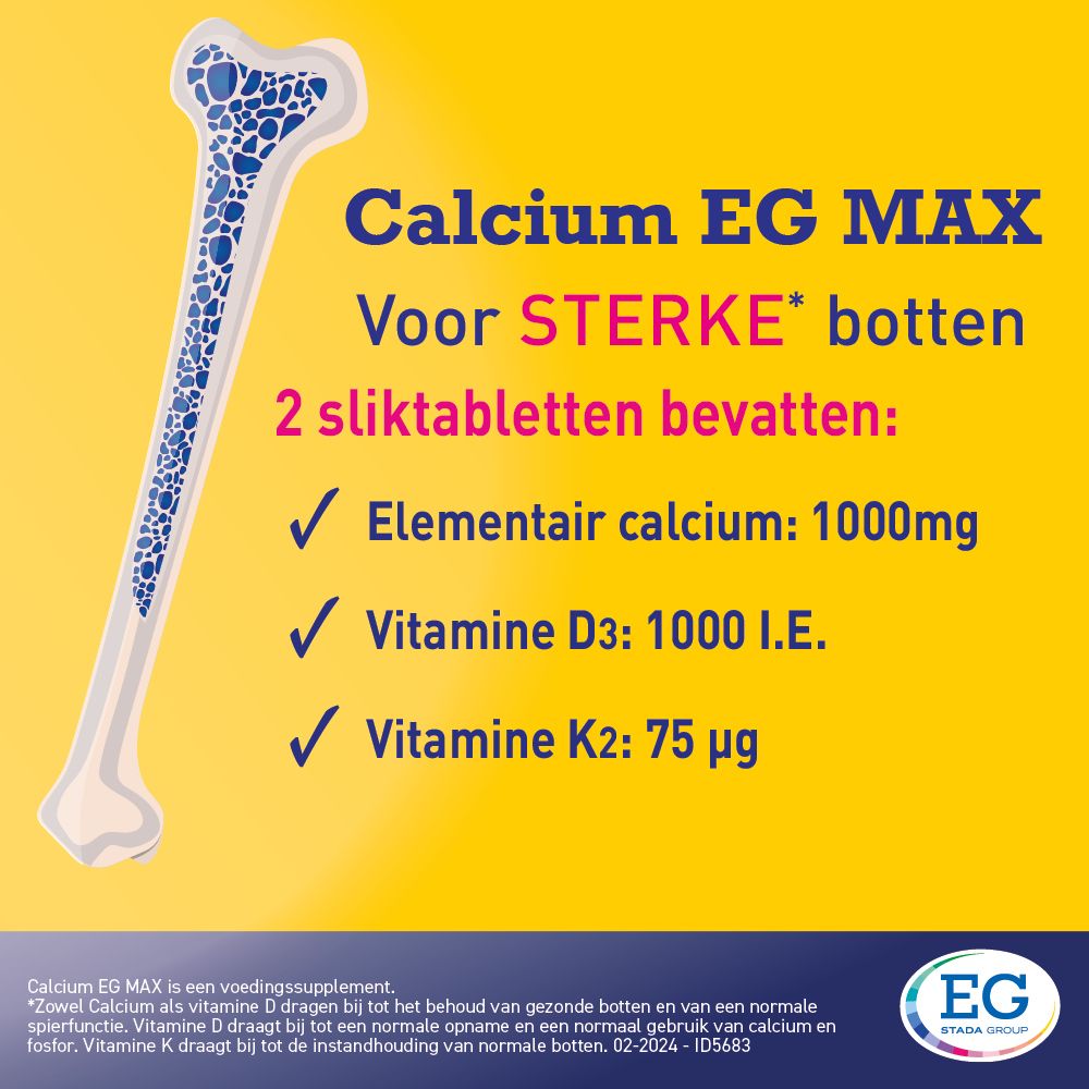 Gedetailleerd zicht op de Calcium EG MAX verpakking, gericht op ingrediënten: Calcium, Vitamine D3 en K2.