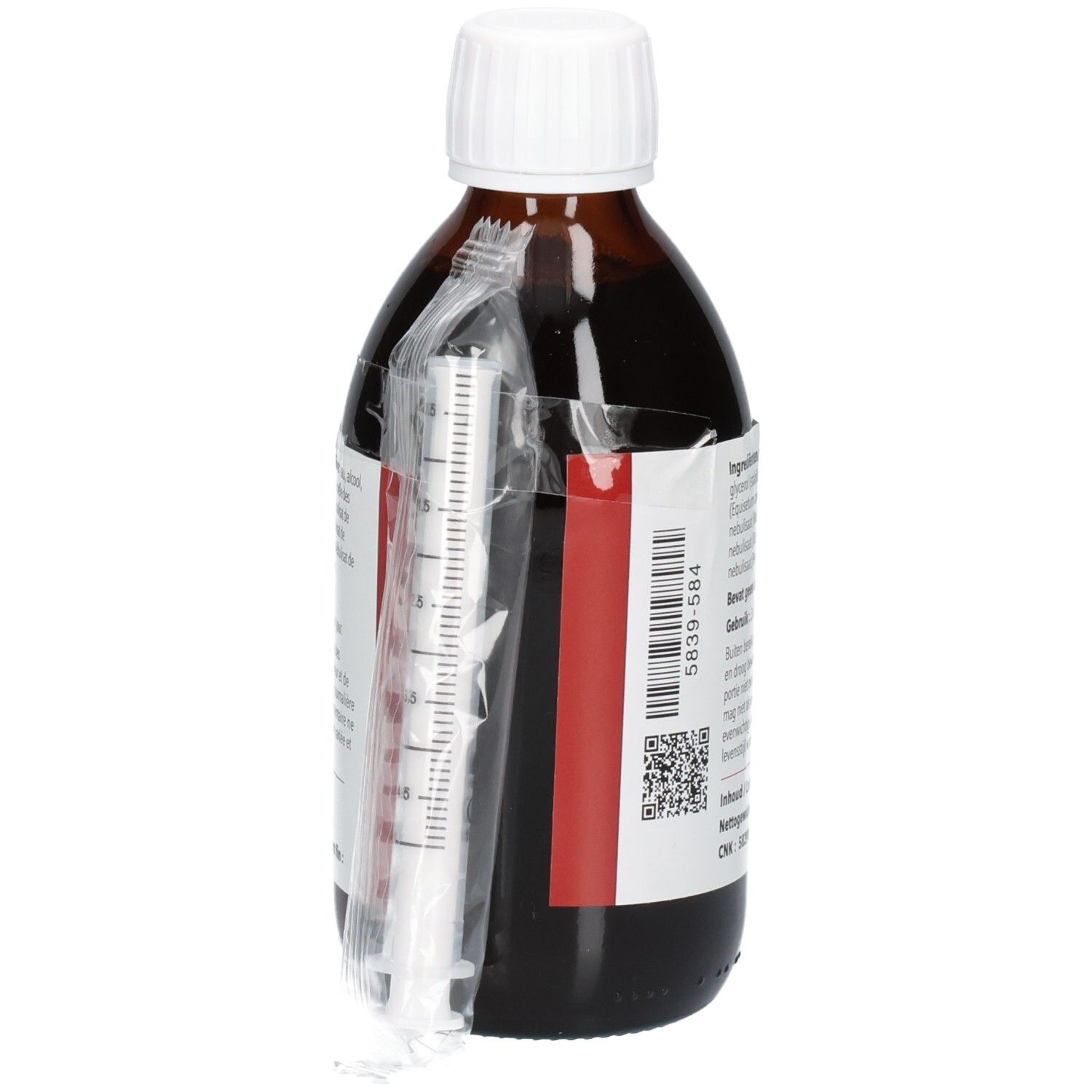 Bouteille en verre brun avec bouchon à vis blanc, une seringue emballée sur le côté. Étiquette avec informations produit.