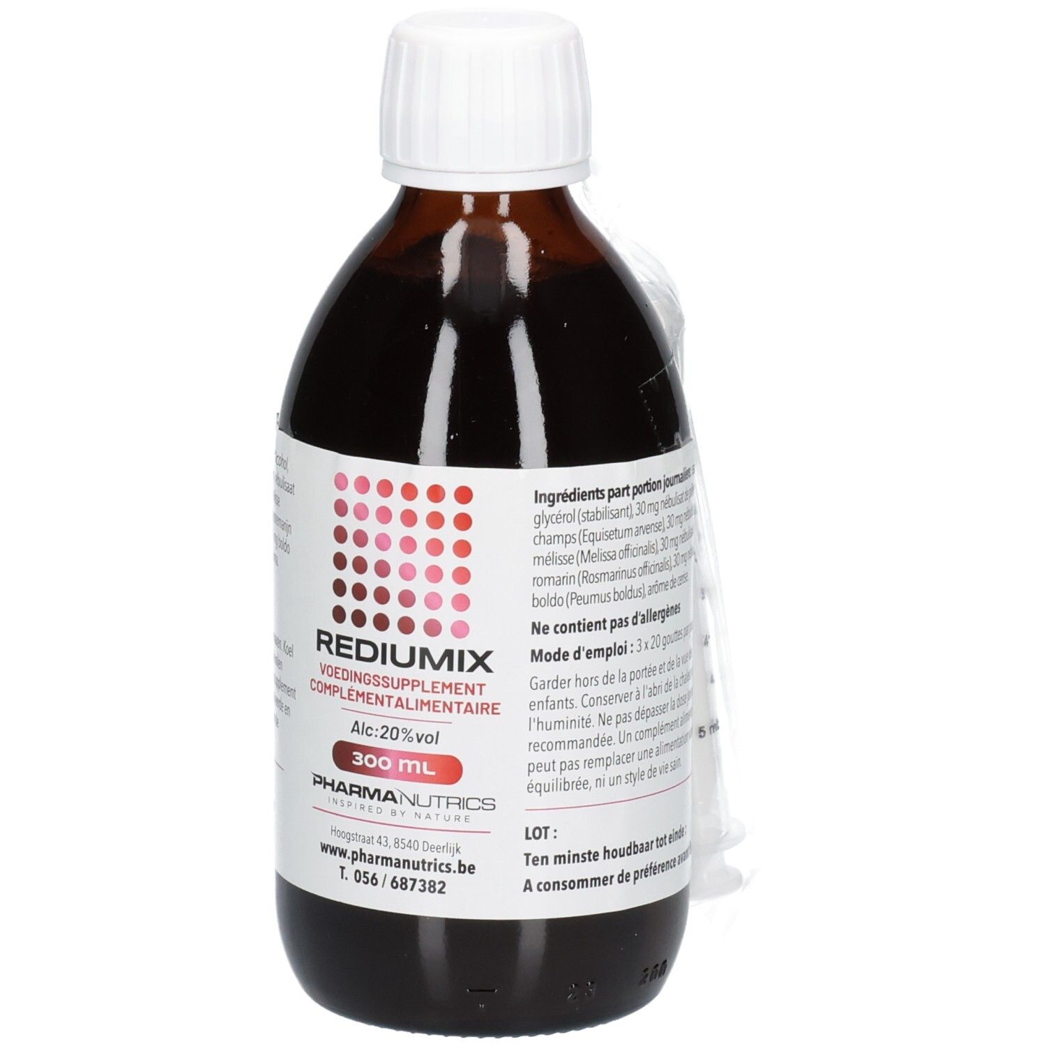 Bouteille en verre brun avec bouchon à vis blanc. Étiquette avec motif rouge, nom du produit et informations fabricant.