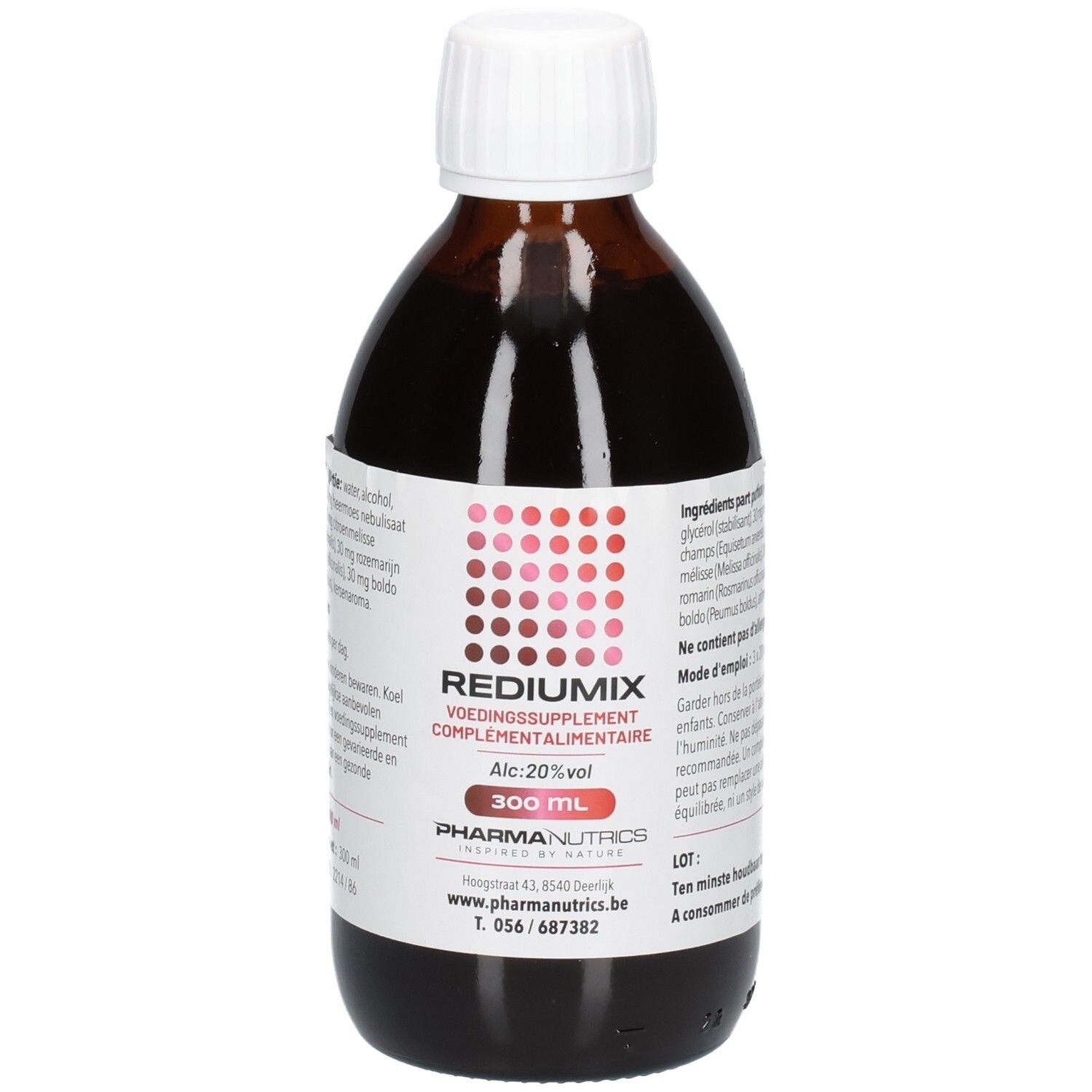 Bouteille en verre brun avec bouchon à vis blanc. Étiquette avec motif rouge, nom du produit et informations fabricant.