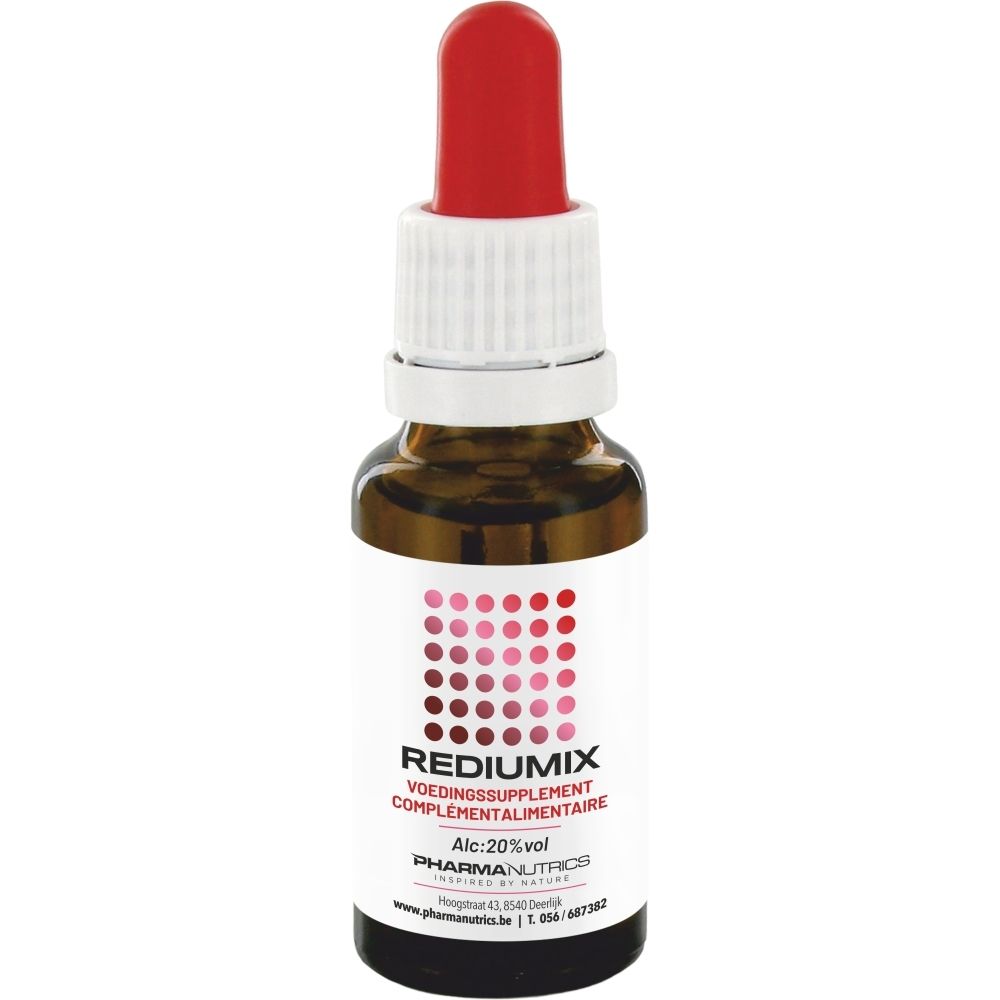 Bruine glazen fles met druppeldop, etiket met rood puntpatroon en productinformatie.