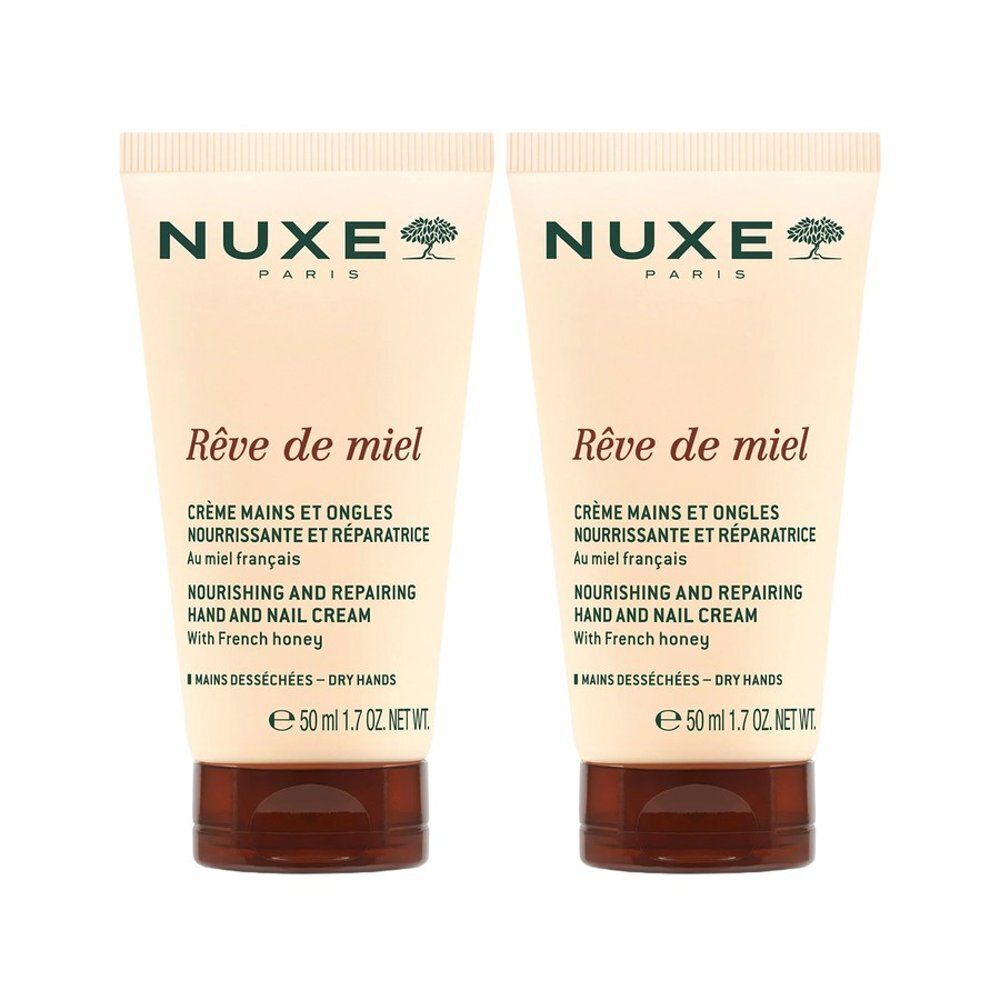 Twee Nuxe Rêve de Miel hand- en nagelcrème tubes, elk 50ml.