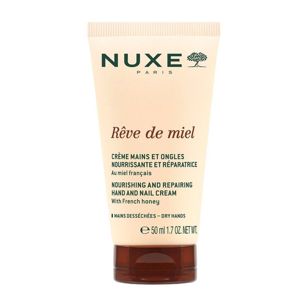 Tube de crème mains et ongles Nuxe Rêve de miel avec bouchon à vis. Texte en français, anglais et allemand.
