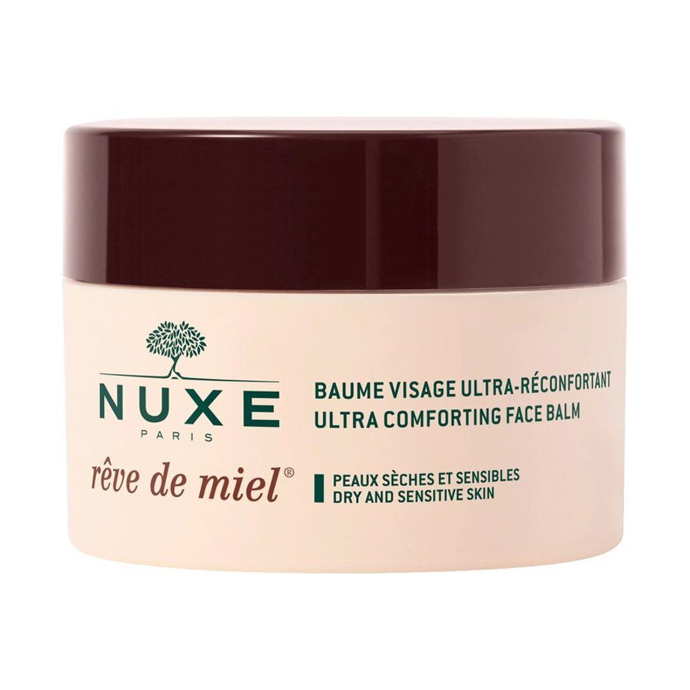 Nuxe Rêve de Miel Gezichtsbalsem. Beige pot met bruine deksel. Logo Nuxe Paris en boom.