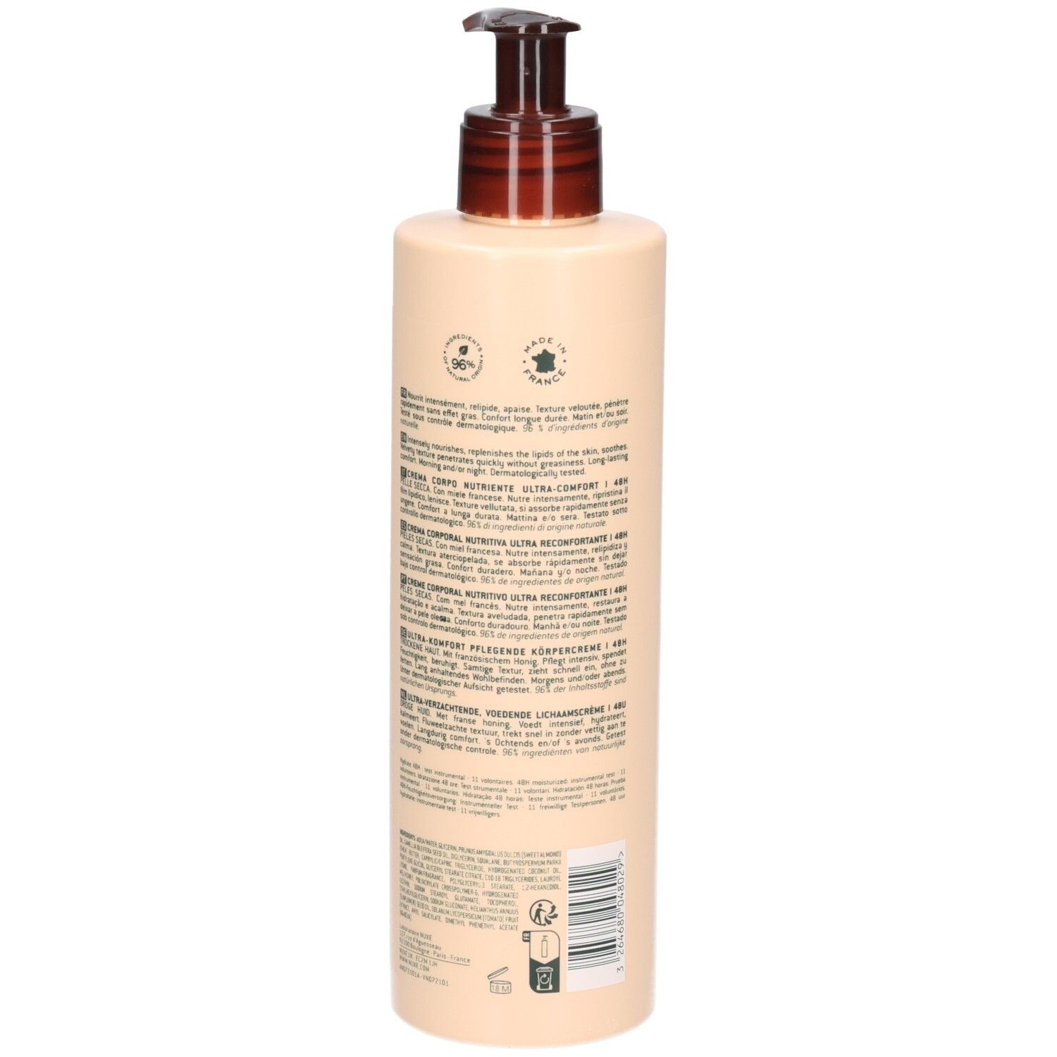 Nuxe Reve de Miel bodylotion, achterkant met zegels en tekst.