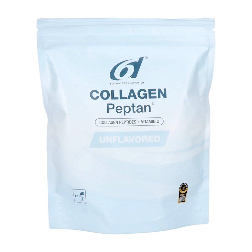 Poudre 6D Collagen Peptan, sans arôme, avec Vitamine C. Emballage blanc avec des accents bleus.