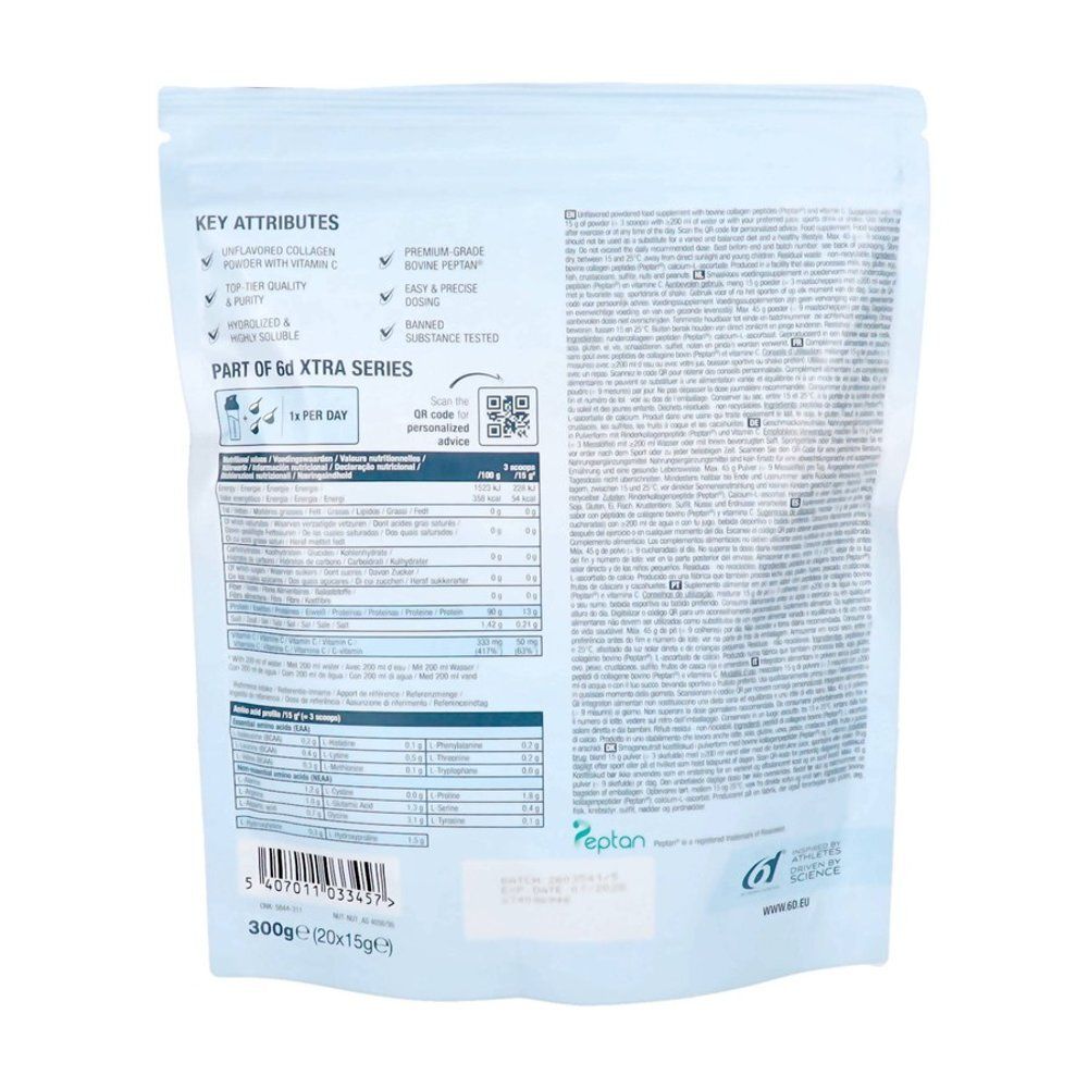 Dos de l'emballage 6D Collagen Peptan avec informations nutritionnelles et caractéristiques du produit.